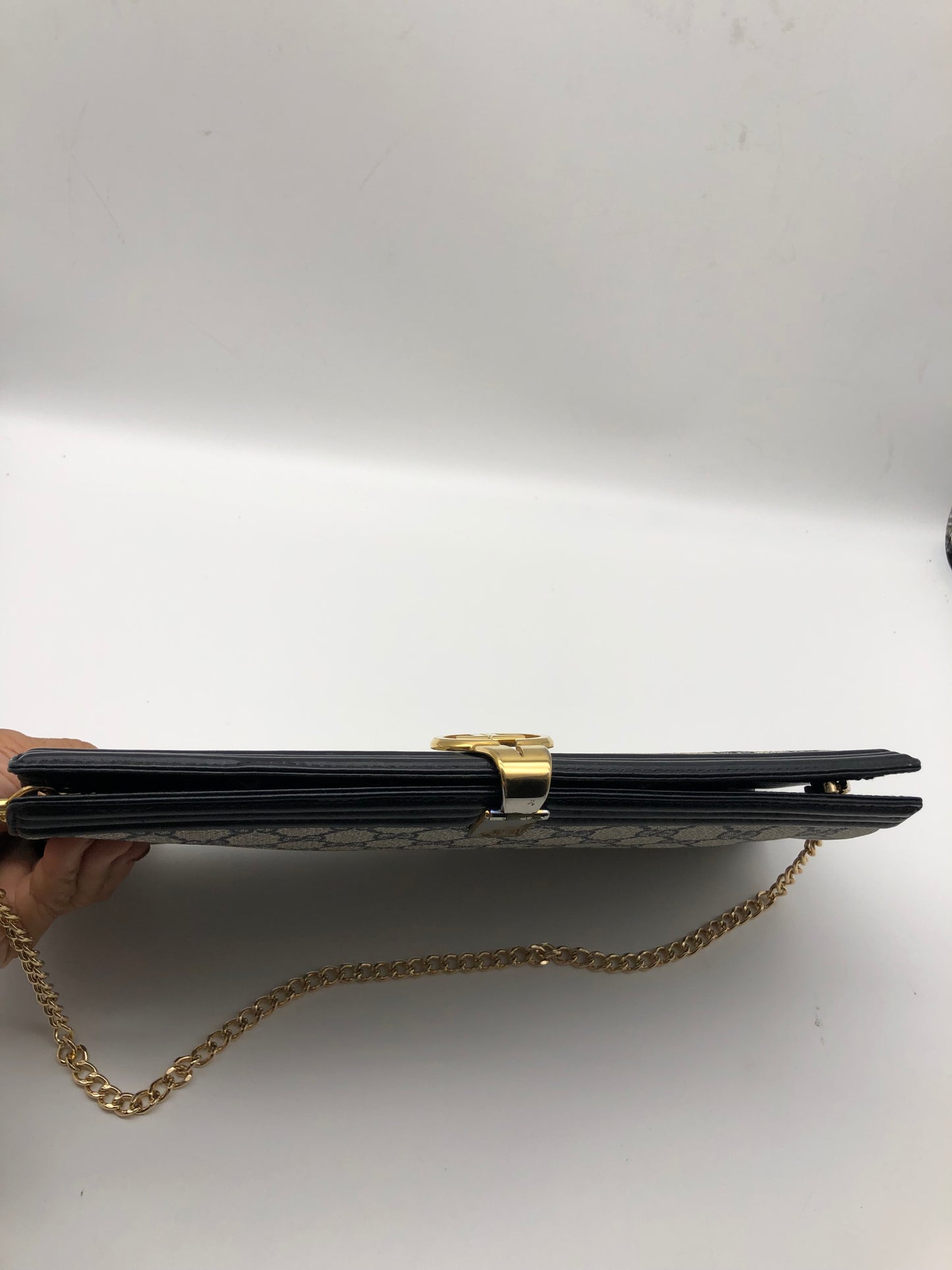 Authentic GUCCI Vintage Navy Blue Monogram Coated Canvas Clutch Added Strap Shoulder Bag