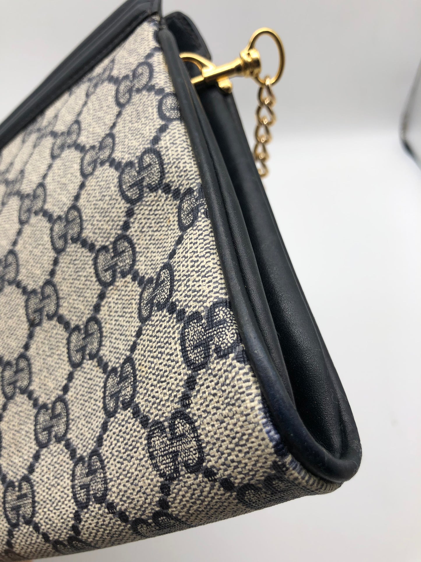 Authentic GUCCI Vintage Navy Blue Monogram Coated Canvas Clutch Added Strap Shoulder Bag