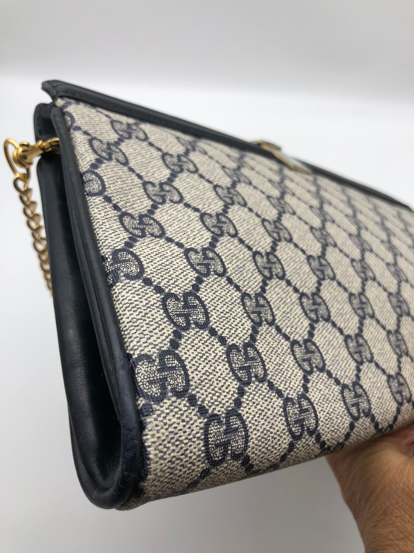 Authentic GUCCI Vintage Navy Blue Monogram Coated Canvas Clutch Added Strap Shoulder Bag