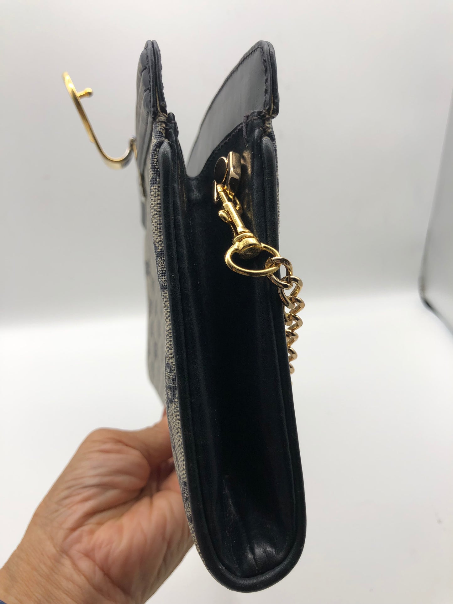 Authentic GUCCI Vintage Navy Blue Monogram Coated Canvas Clutch Added Strap Shoulder Bag
