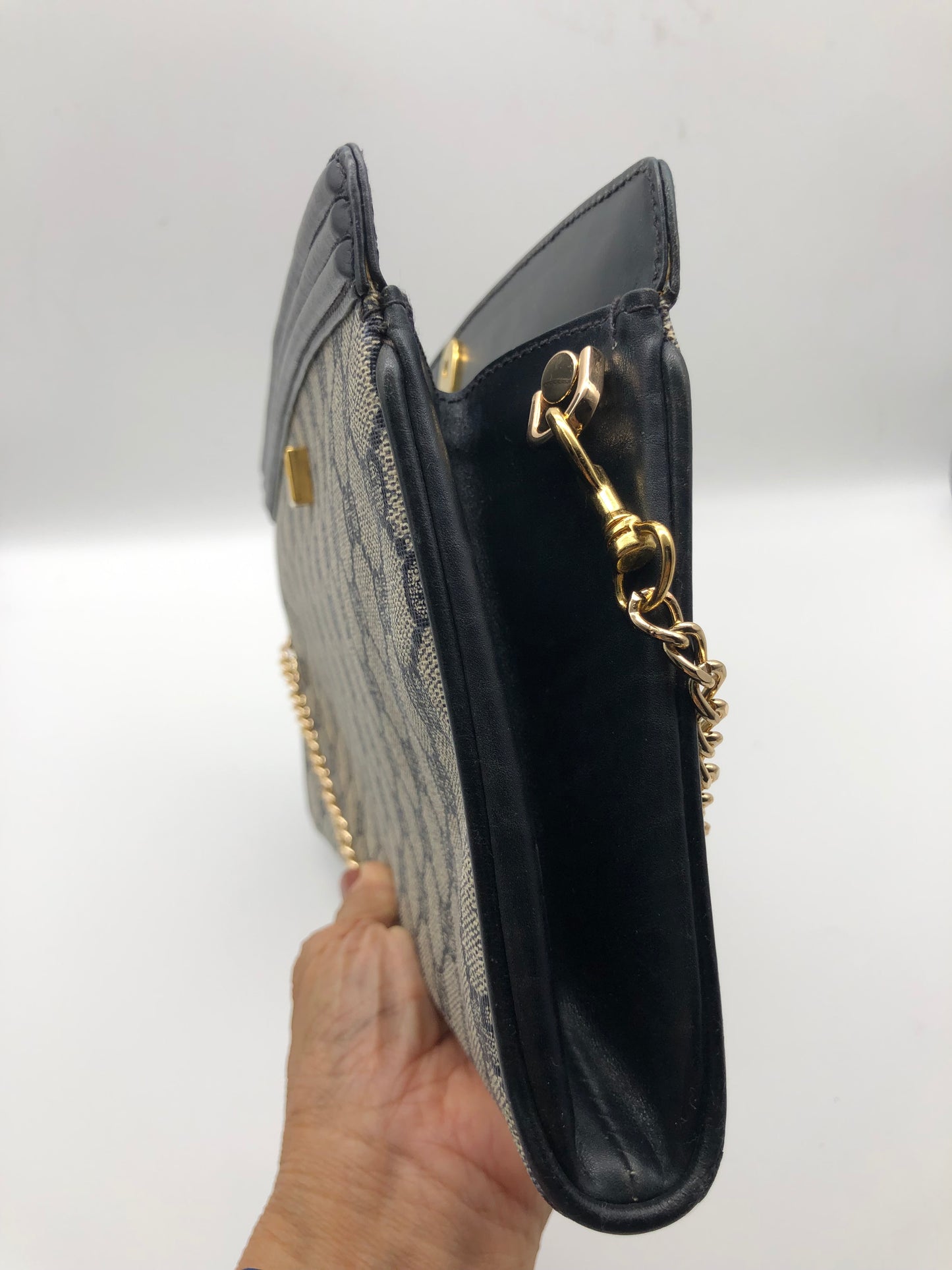 Authentic GUCCI Vintage Navy Blue Monogram Coated Canvas Clutch Added Strap Shoulder Bag
