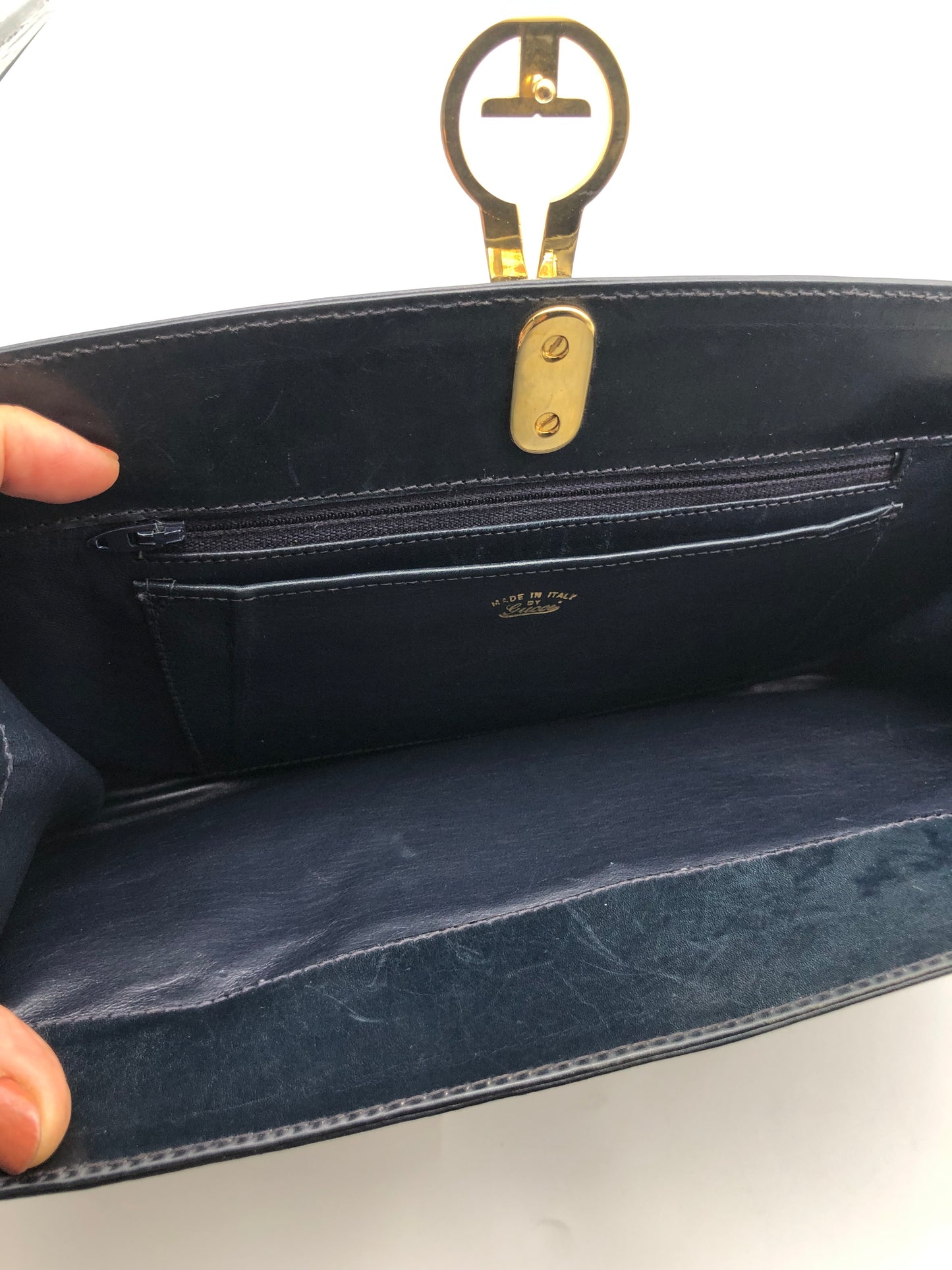 Authentic GUCCI Vintage Navy Blue Monogram Coated Canvas Clutch Added Strap Shoulder Bag