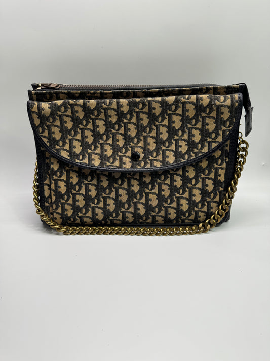 Authentic Christian Dior Black Trotter Jacquard Cloth Clutch