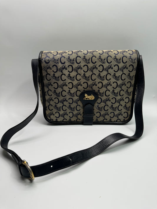 Authentic Celine Horse Carriage Navy Blue Jacquard Cloth Shoulder Bag