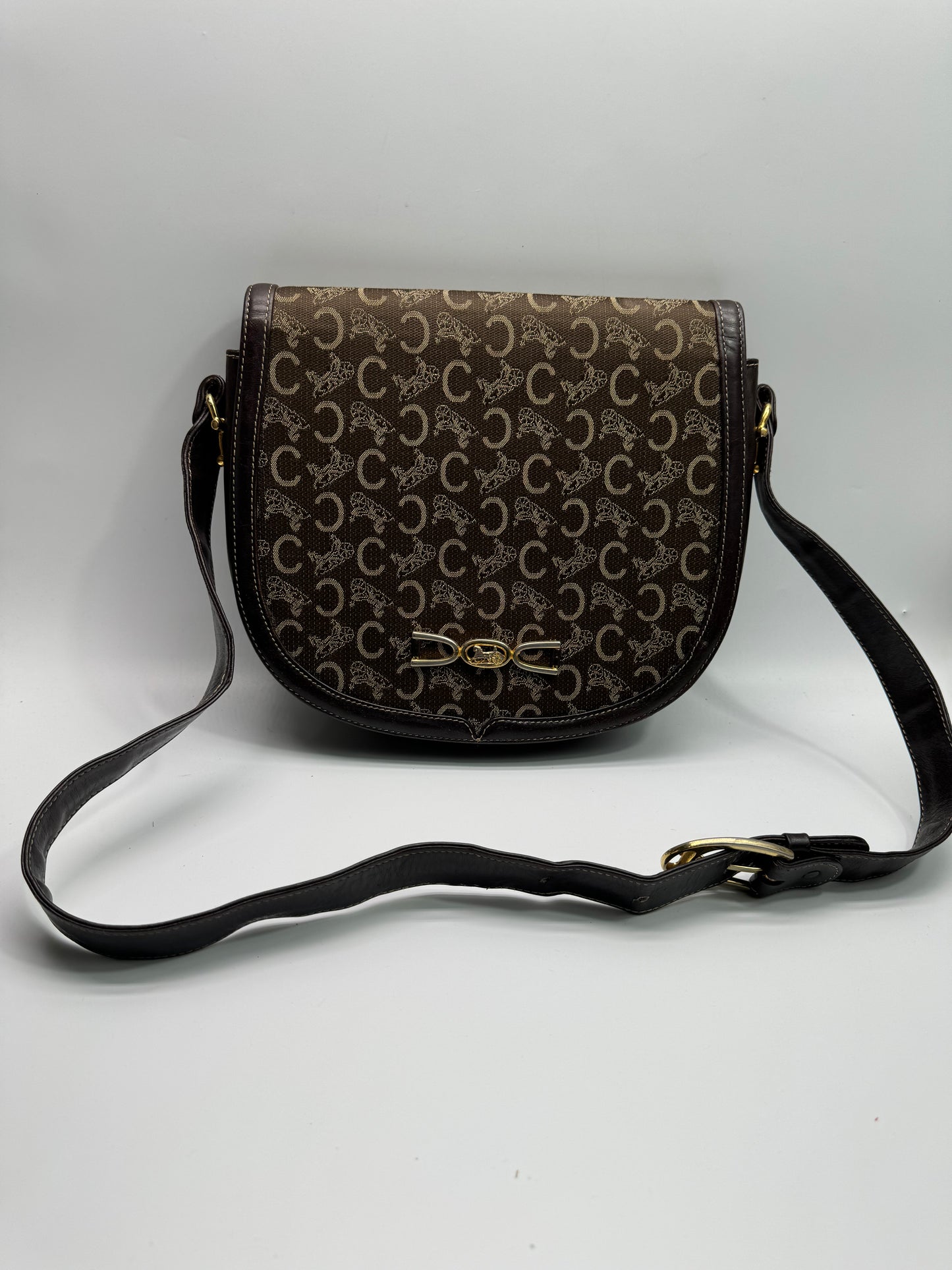 Authentic Celine Horse Carriage Dark Brown Cloth & Leather Shoulder Bag