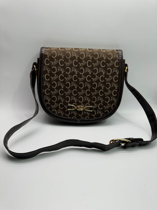 Authentic Celine Horse Carriage Dark Brown Cloth & Leather Shoulder Bag