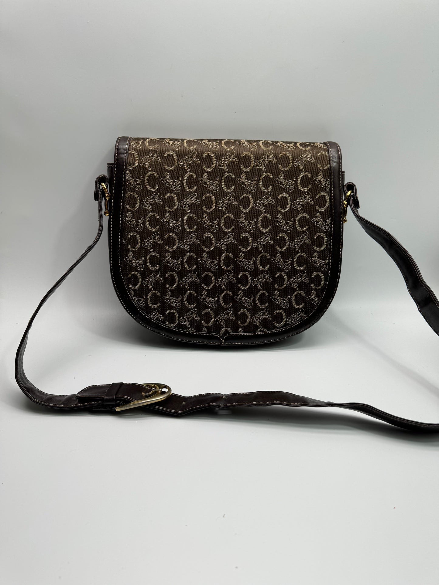 Authentic Celine Horse Carriage Dark Brown Cloth & Leather Shoulder Bag