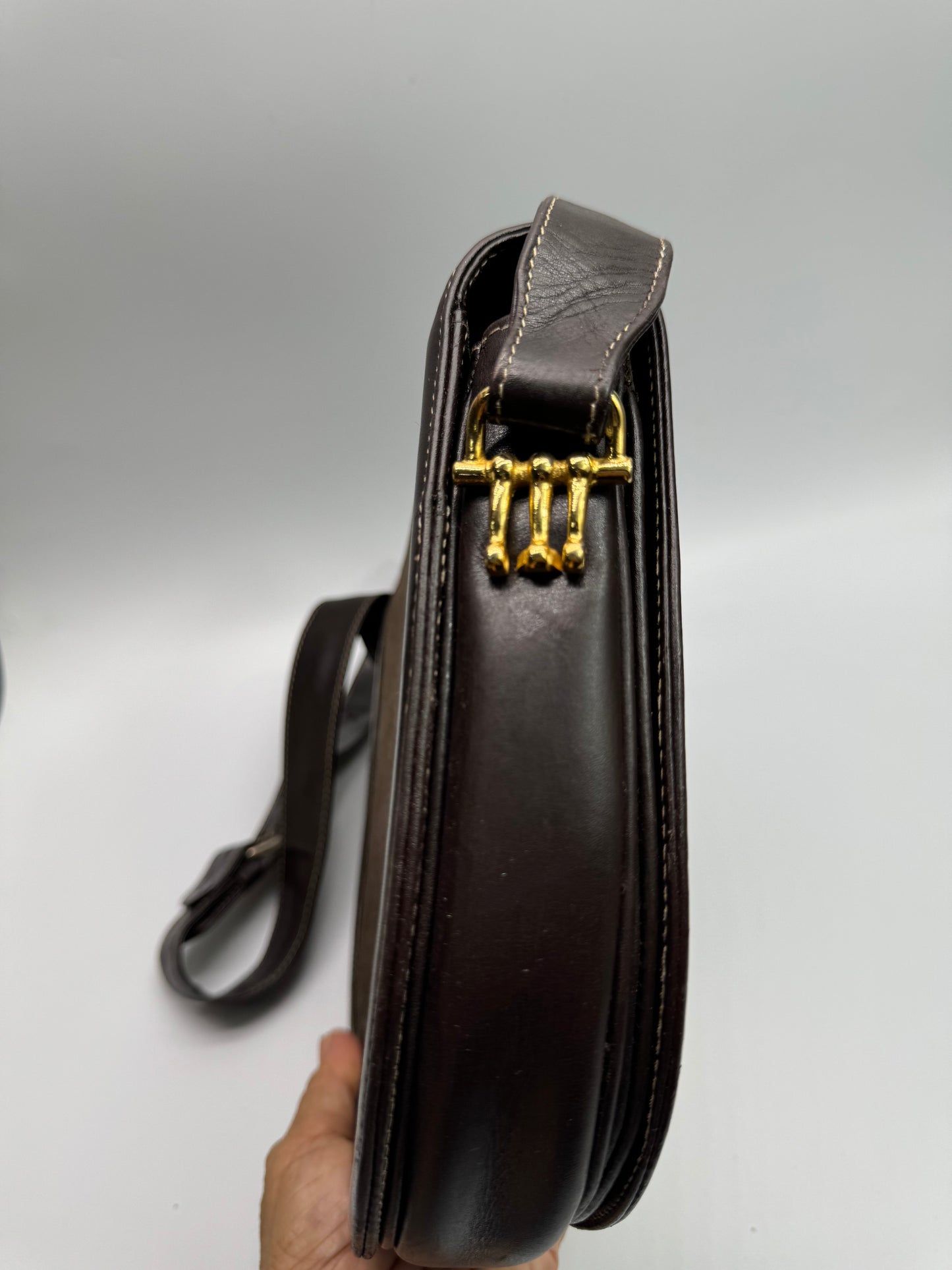 Authentic Celine Horse Carriage Dark Brown Cloth & Leather Shoulder Bag
