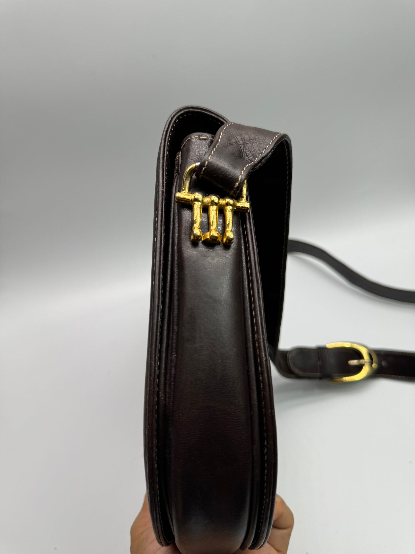 Authentic Celine Horse Carriage Dark Brown Cloth & Leather Shoulder Bag