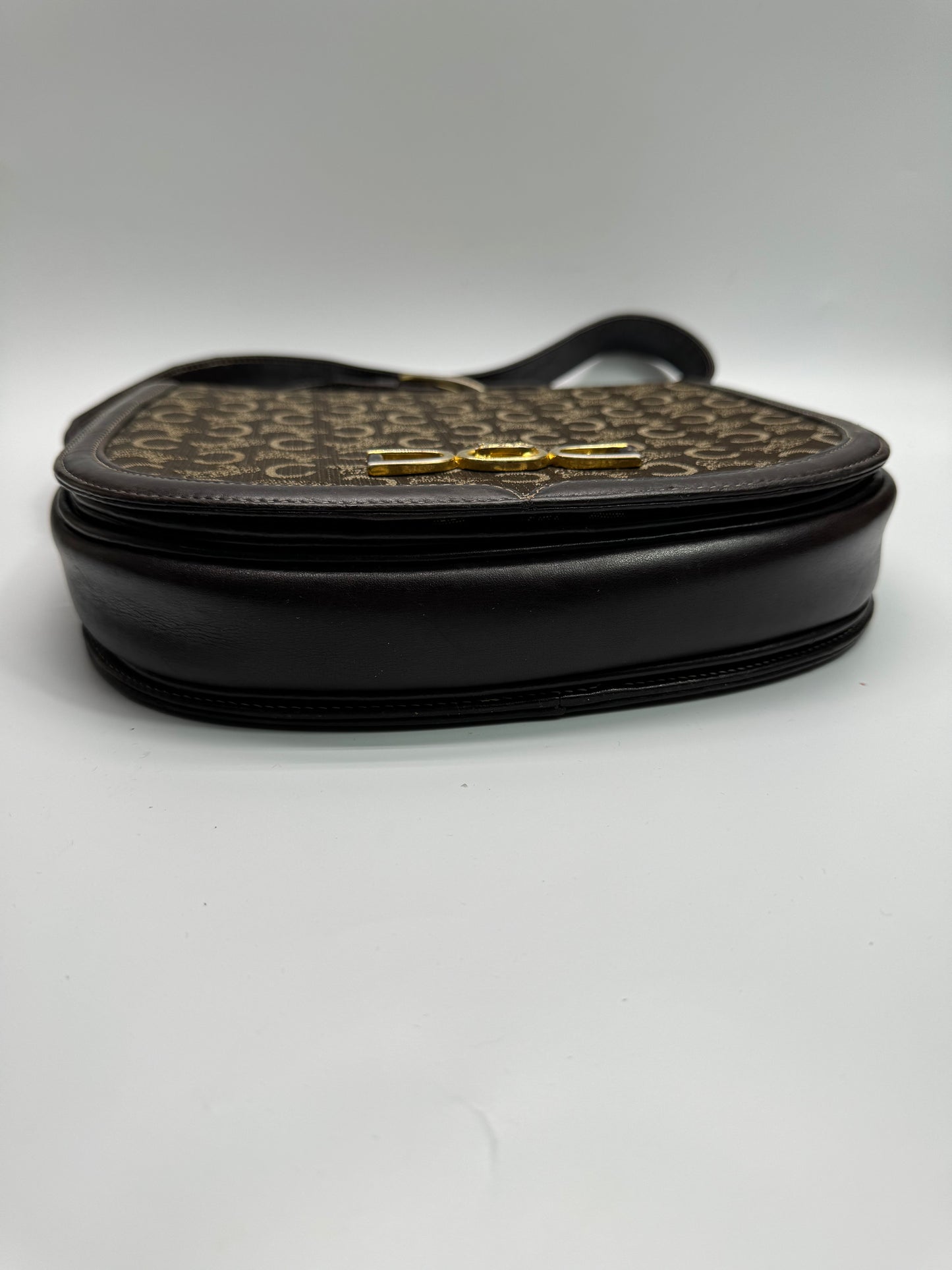 Authentic Celine Horse Carriage Dark Brown Cloth & Leather Shoulder Bag