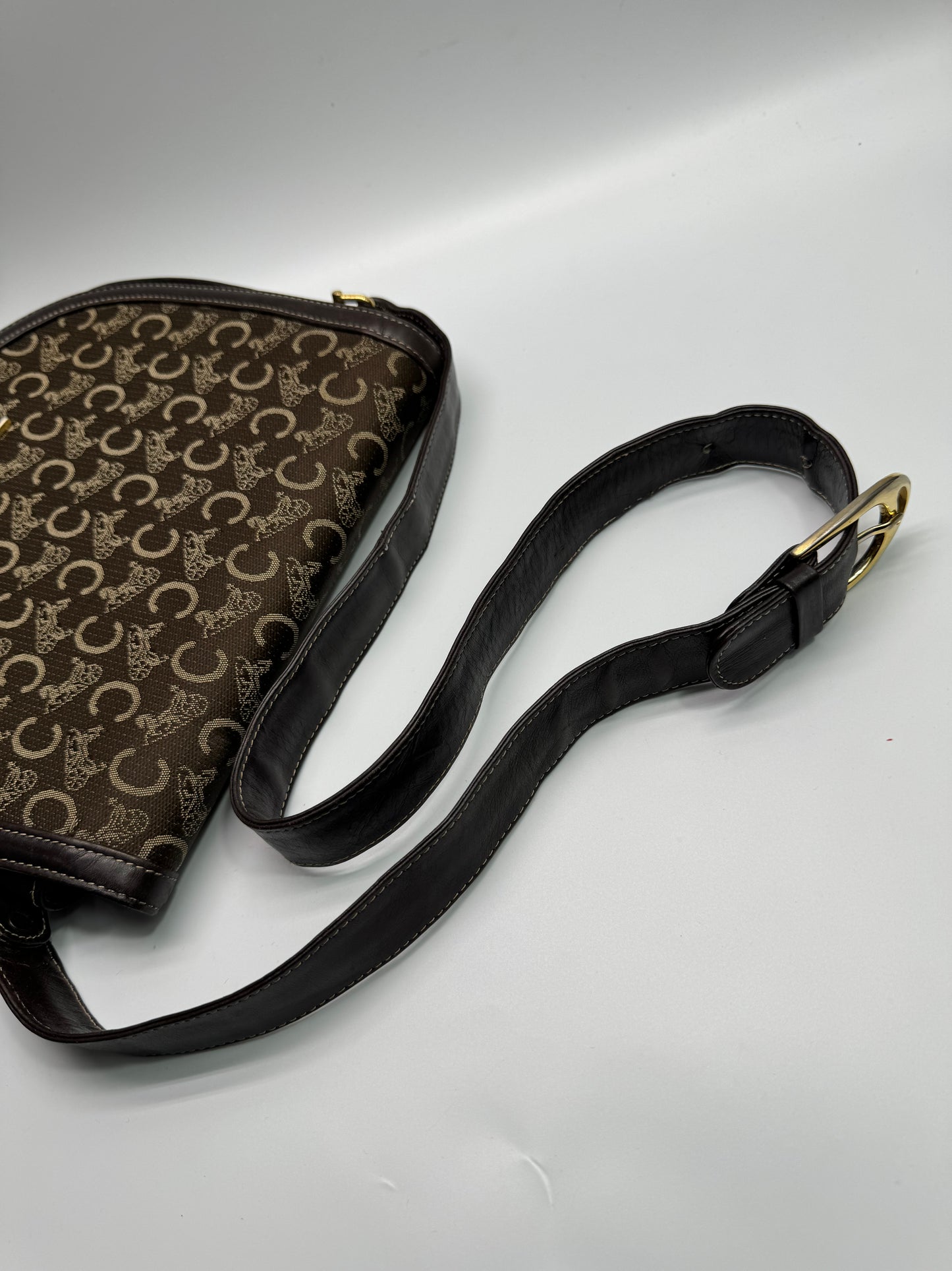 Authentic Celine Horse Carriage Dark Brown Cloth & Leather Shoulder Bag