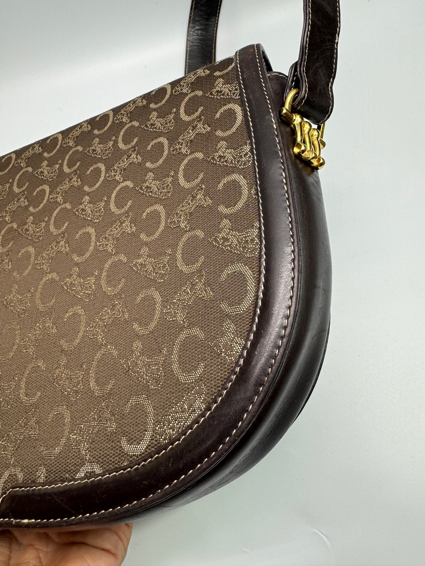 Authentic Celine Horse Carriage Dark Brown Cloth & Leather Shoulder Bag