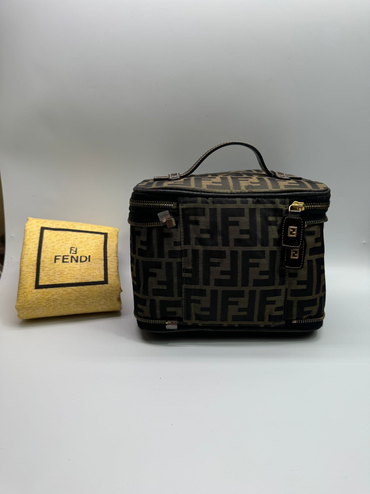 Authentic Fendi Vanity Makeup Foldable Pouch Brown FF Zucca Handbag