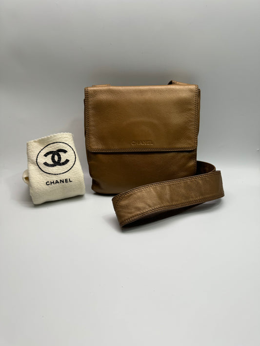 Authentic Chanel Metallic Brown Lamb Skin Crossbody Bag