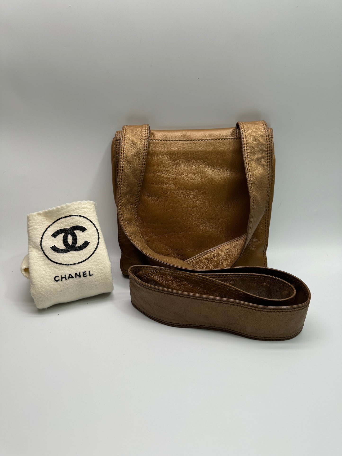 Authentic Chanel Metallic Brown Lamb Skin Crossbody Bag