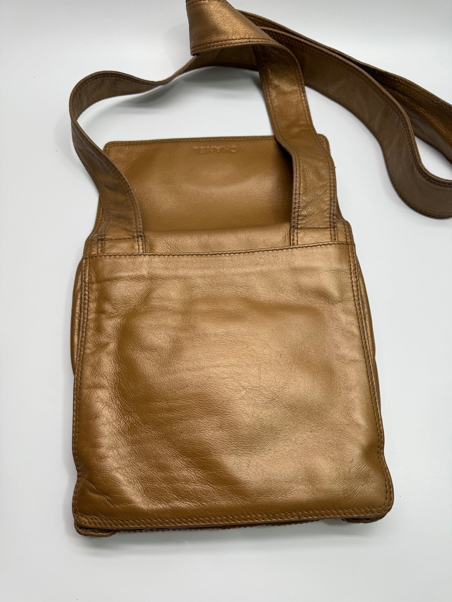 Authentic Chanel Metallic Brown Lamb Skin Crossbody Bag