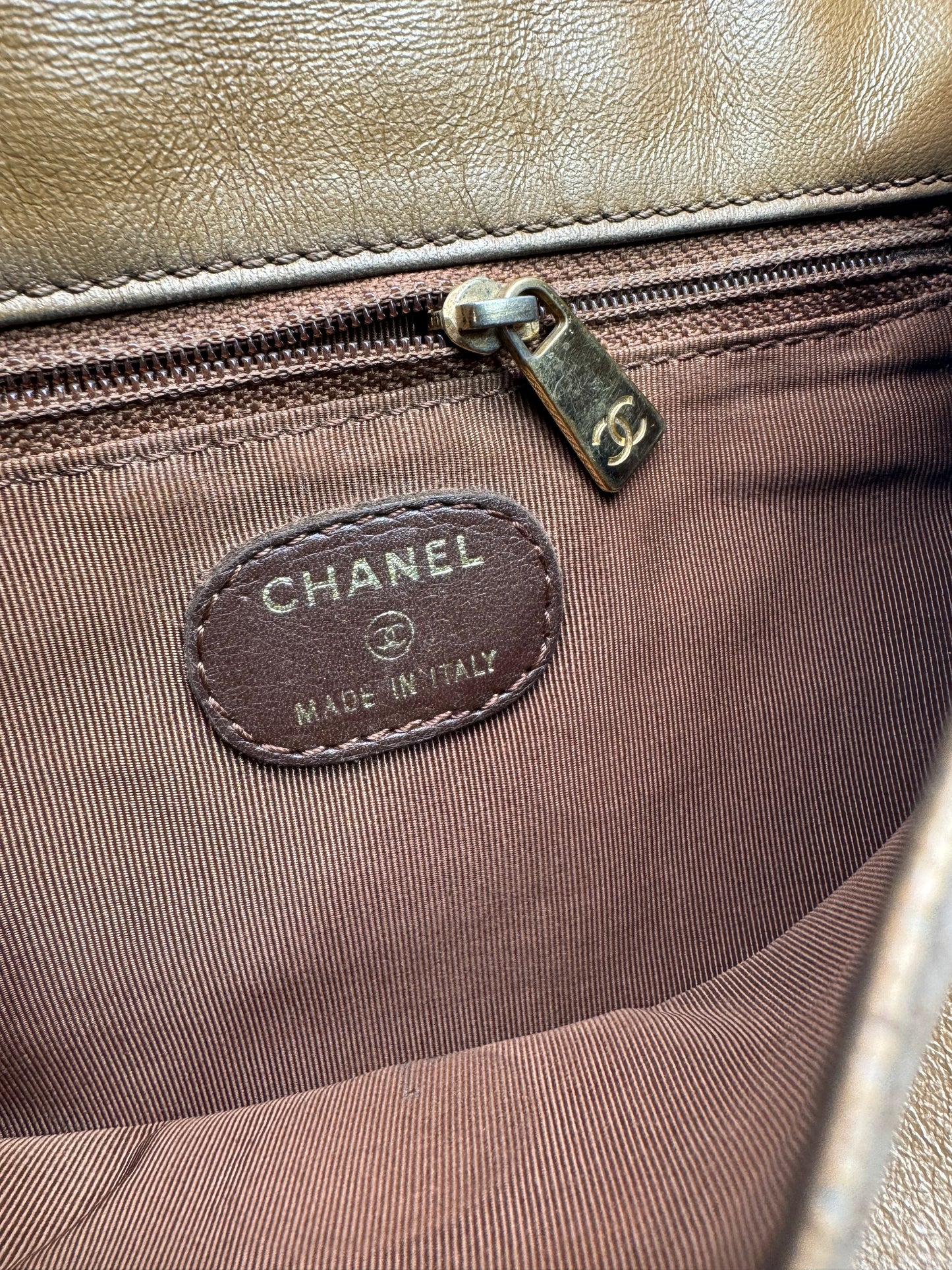 Authentic Chanel Metallic Brown Lamb Skin Crossbody Bag