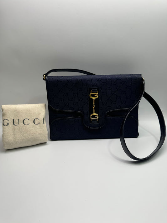 Authentic GUCCI Vintage Navy Blue Jacquard Cloth Shoulder Bag