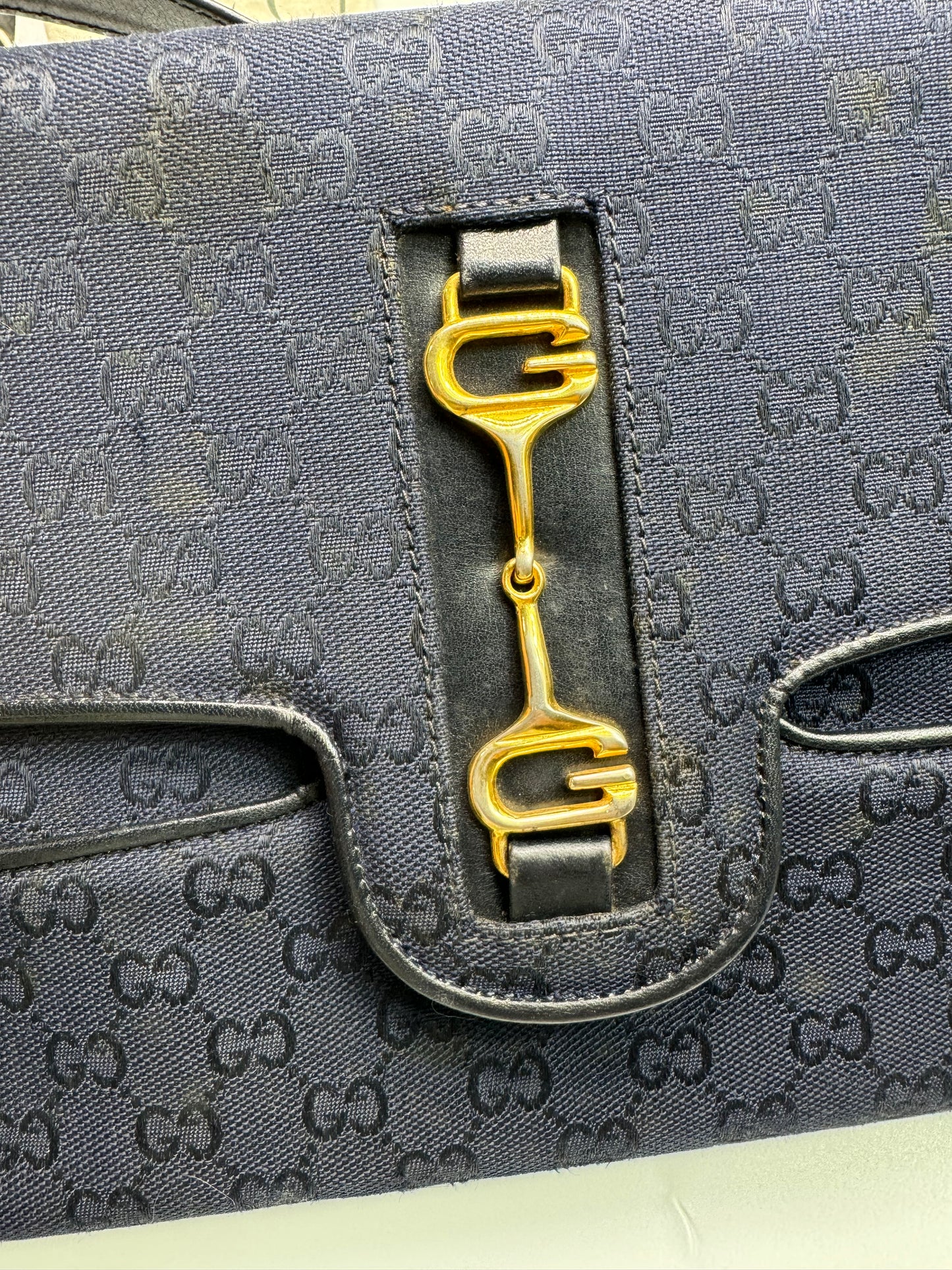 Authentic GUCCI Vintage Navy Blue Jacquard Cloth Shoulder Bag