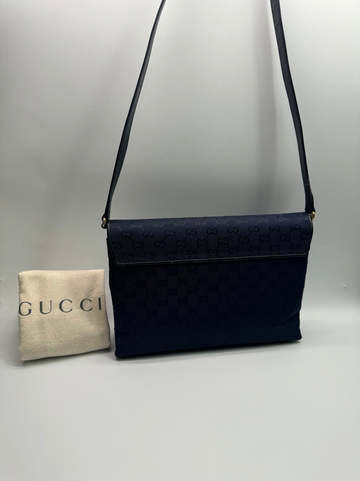 Authentic GUCCI Vintage Navy Blue Jacquard Cloth Shoulder Bag