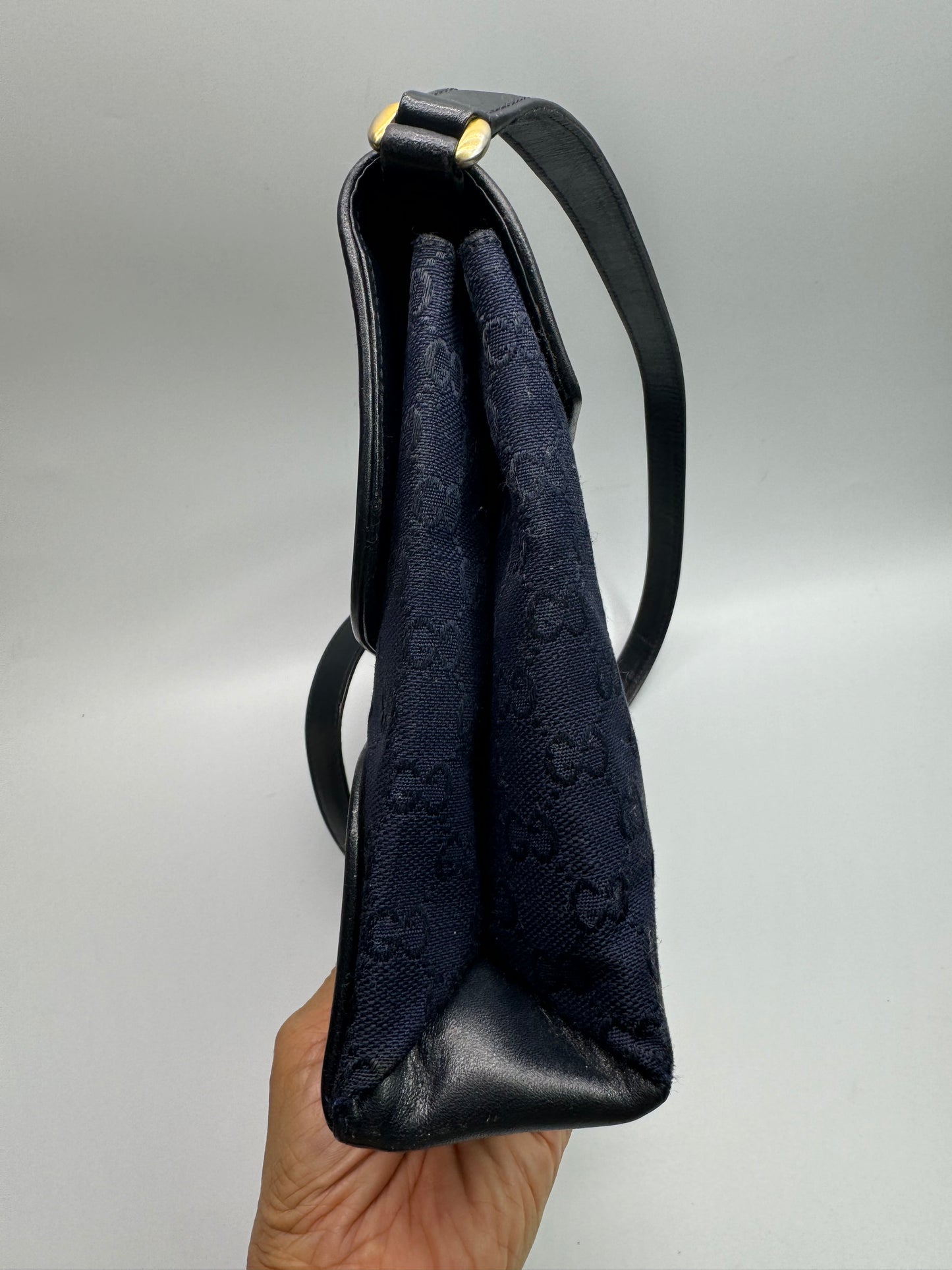Authentic GUCCI Vintage Navy Blue Jacquard Cloth Shoulder Bag