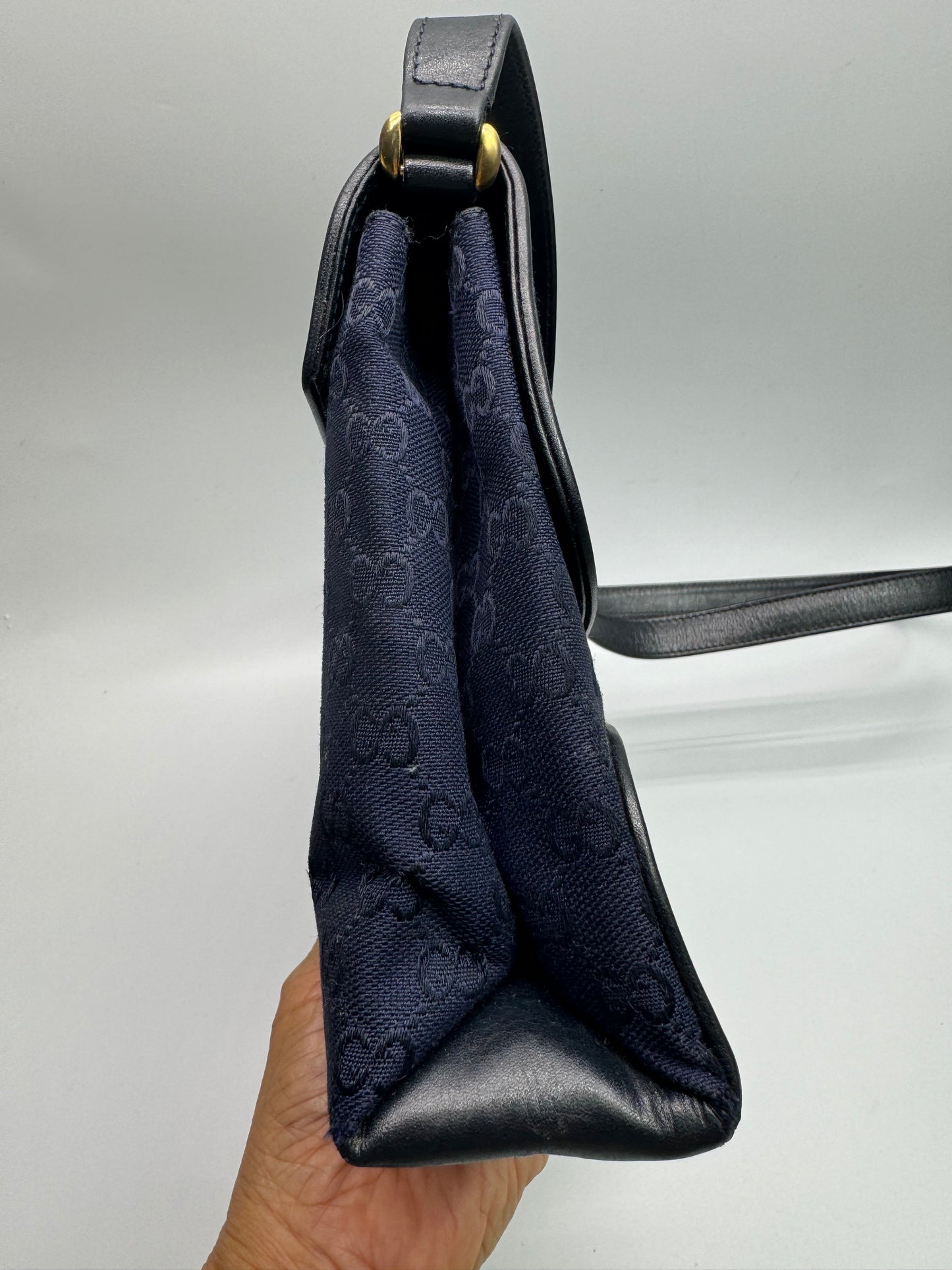 Authentic GUCCI Vintage Navy Blue Jacquard Cloth Shoulder Bag