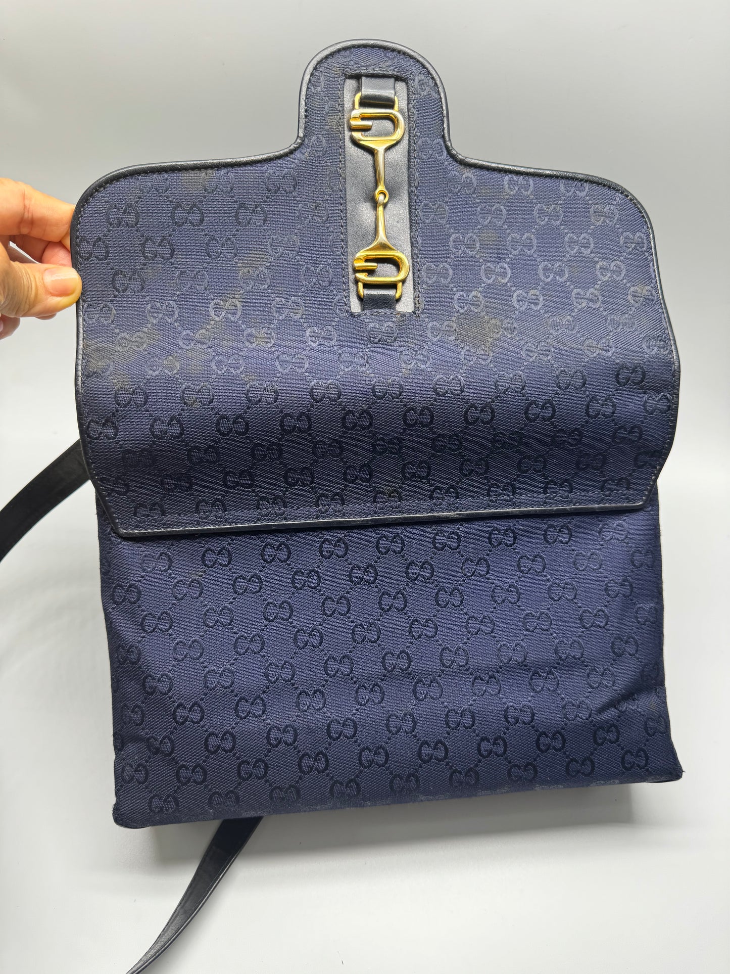 Authentic GUCCI Vintage Navy Blue Jacquard Cloth Shoulder Bag