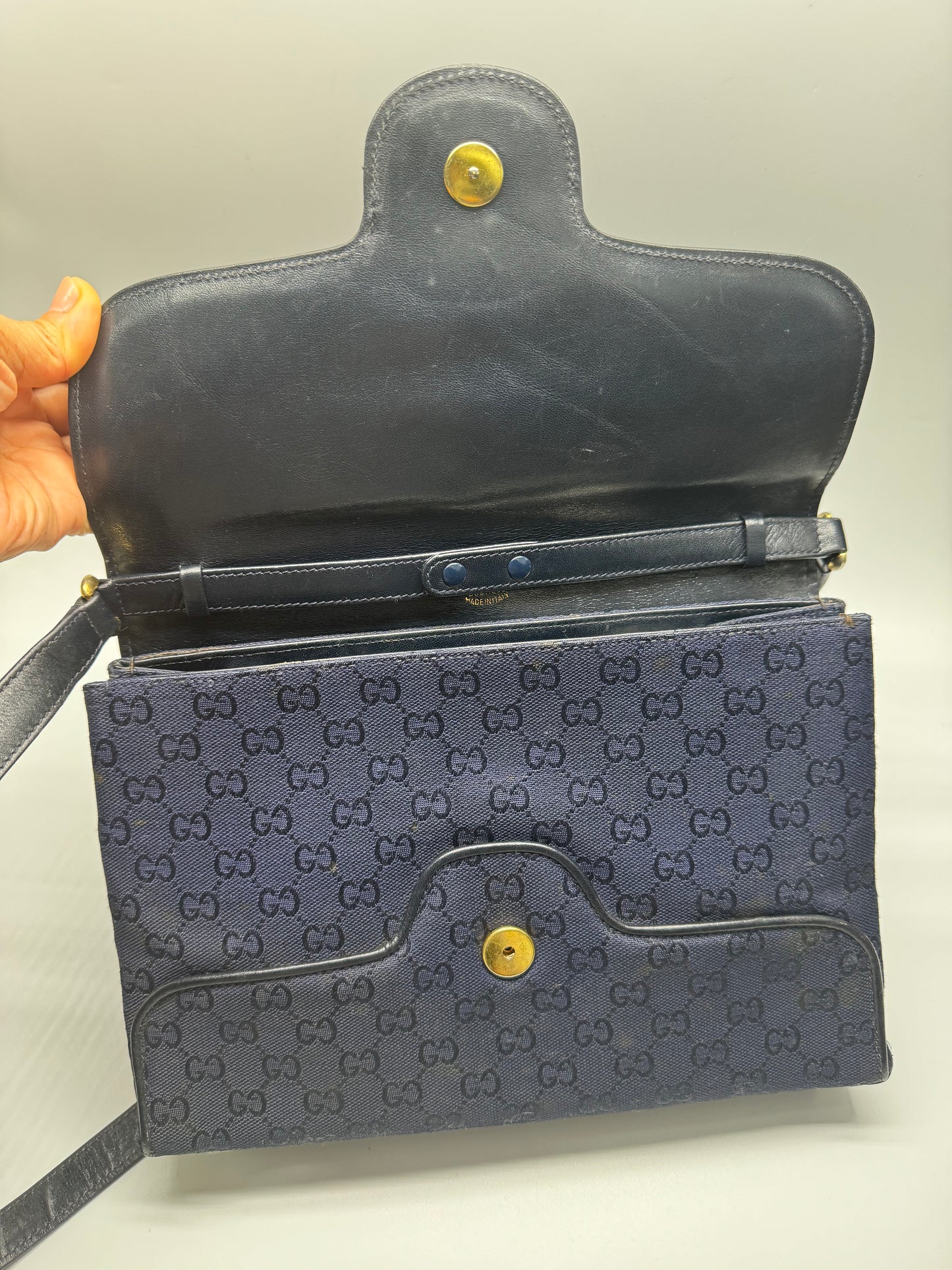 Authentic GUCCI Vintage Navy Blue Jacquard Cloth Shoulder Bag