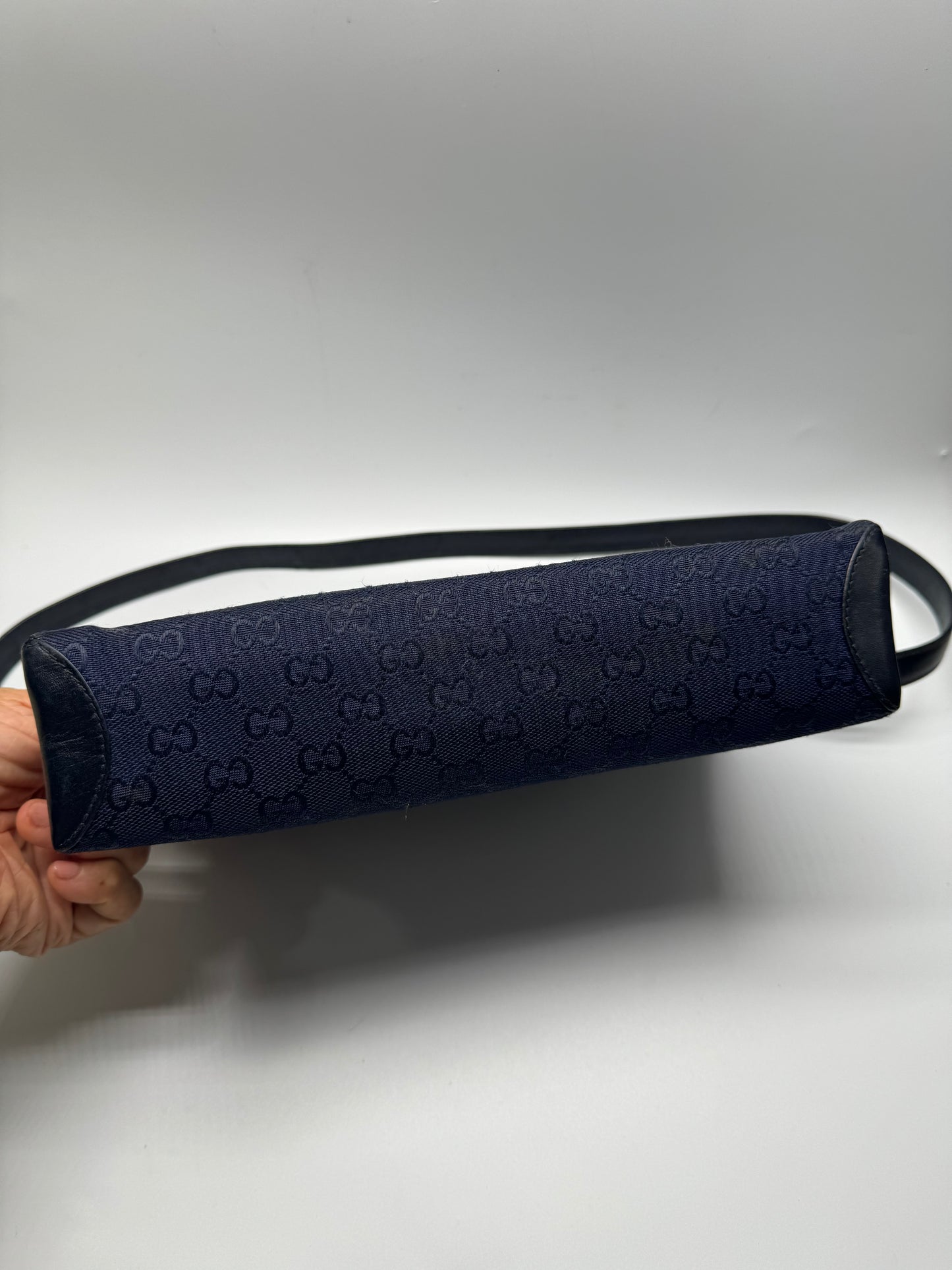 Authentic GUCCI Vintage Navy Blue Jacquard Cloth Shoulder Bag