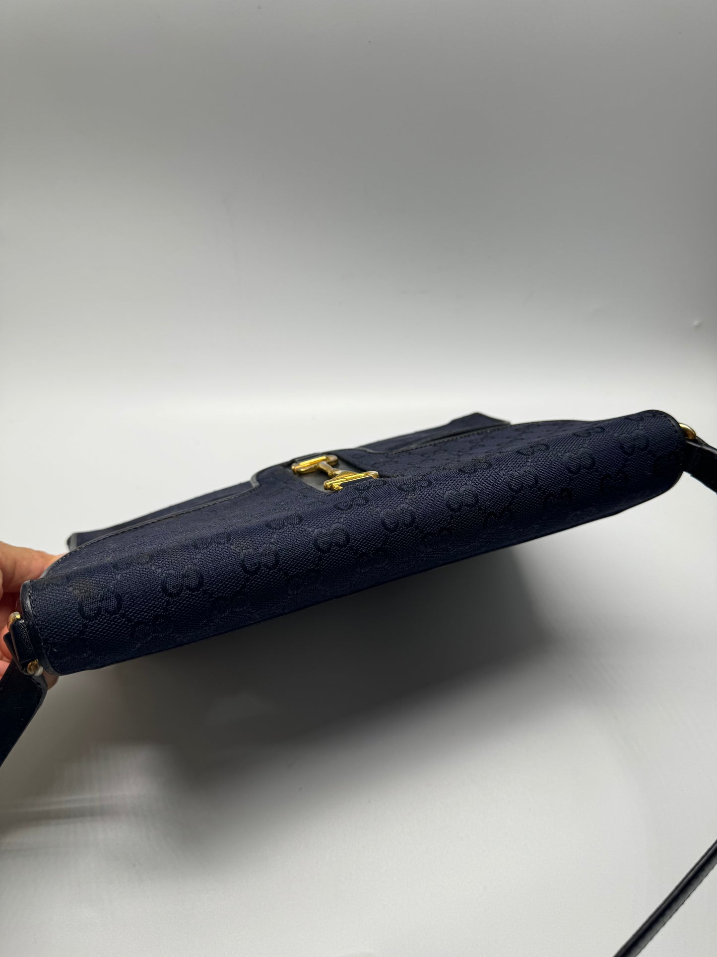 Authentic GUCCI Vintage Navy Blue Jacquard Cloth Shoulder Bag