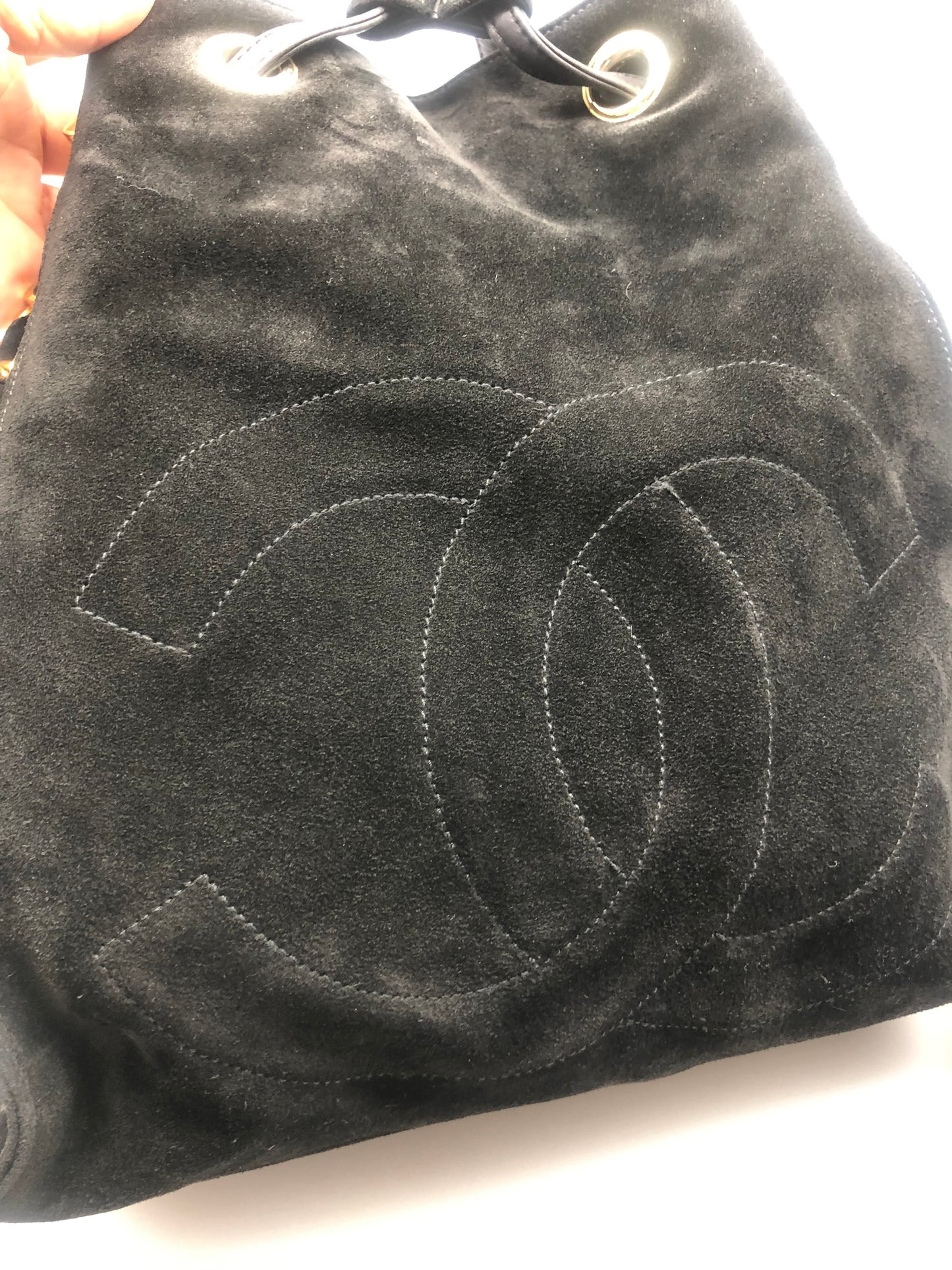 Authentic Chanel Vintage Black Suede Quilted CC Drawstring Bucket Shoulder Bag