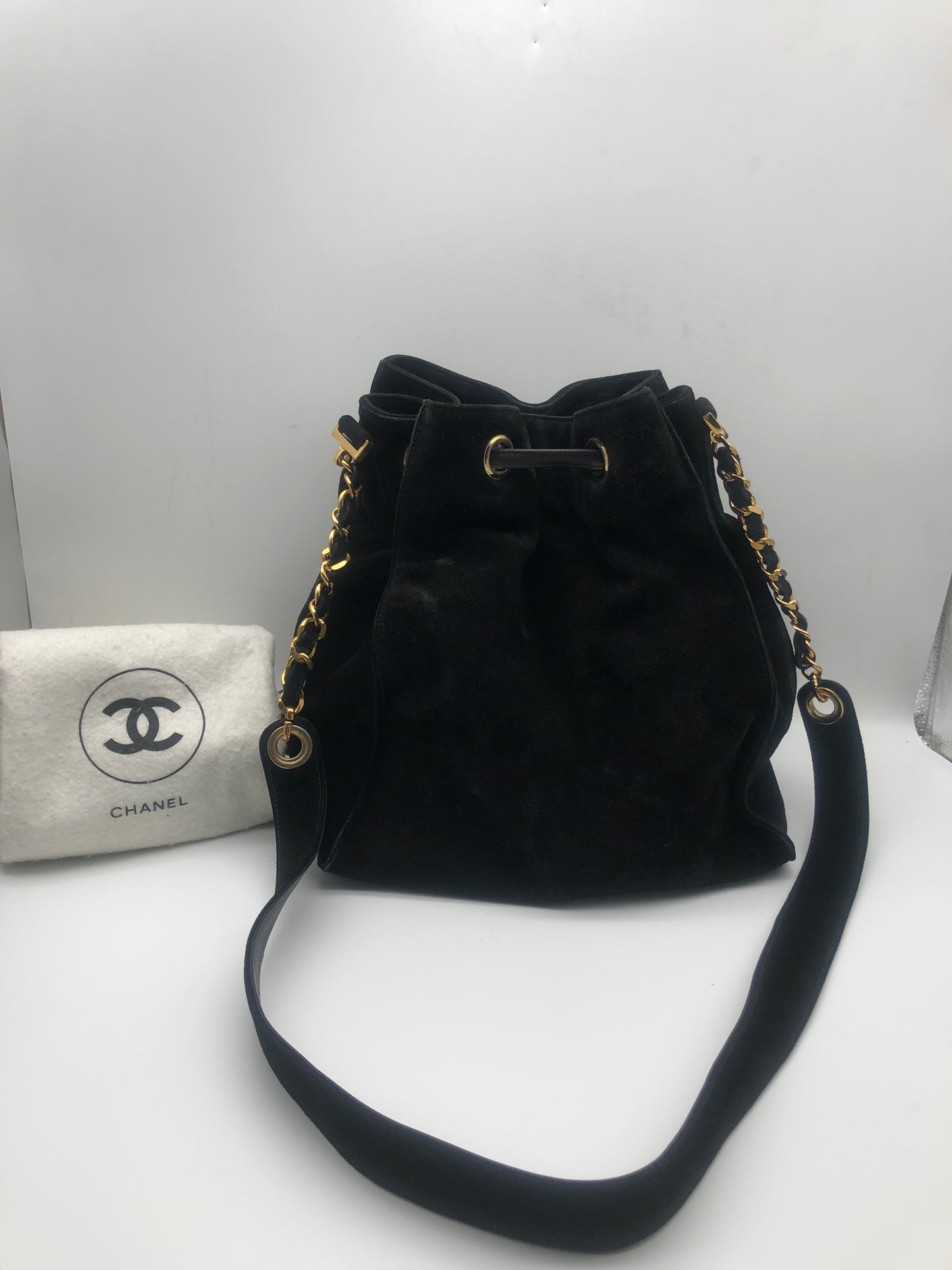 Authentic Chanel Vintage Black Suede Quilted CC Drawstring Bucket Shoulder Bag