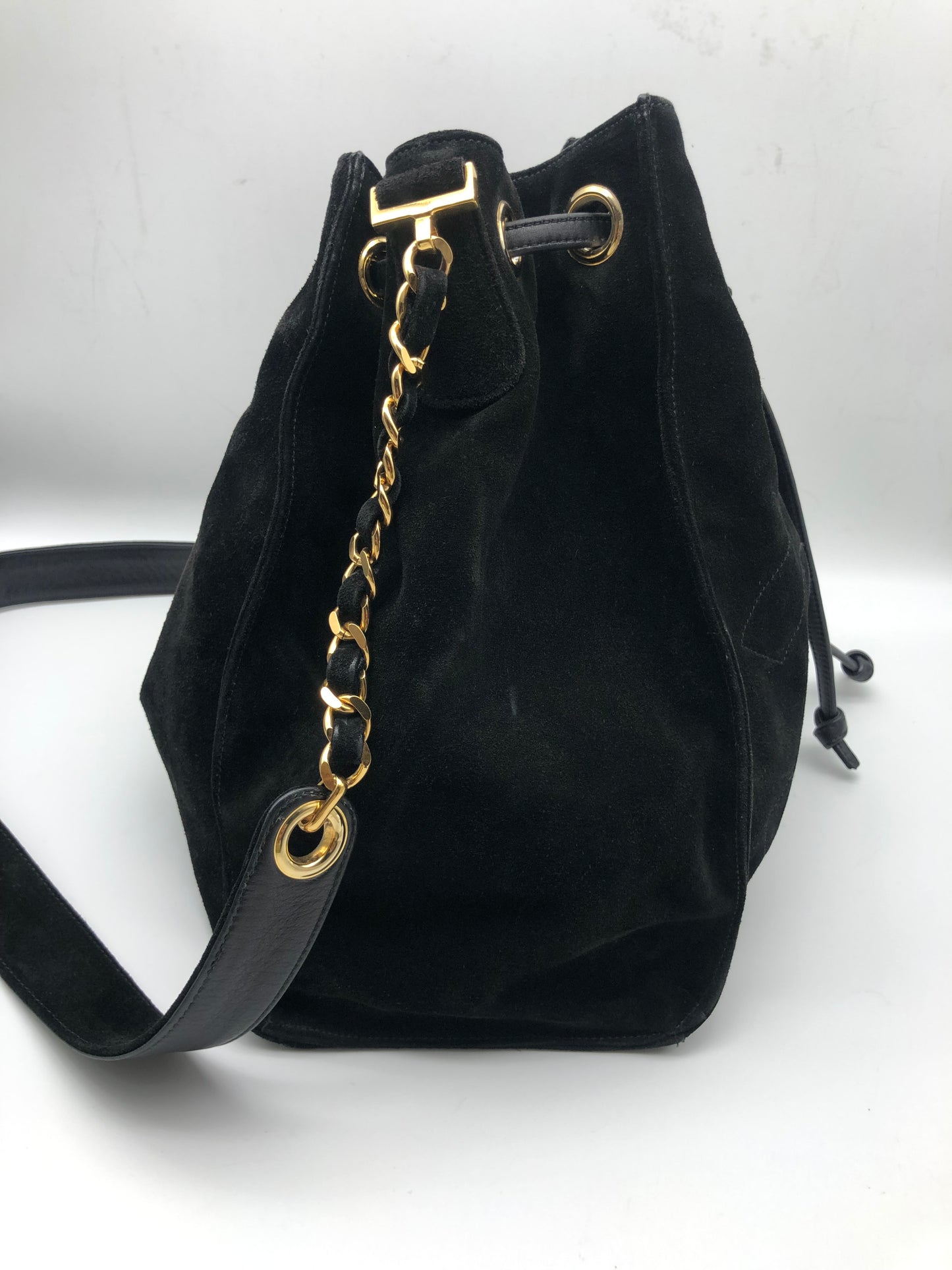 Authentic Chanel Vintage Black Suede Quilted CC Drawstring Bucket Shoulder Bag