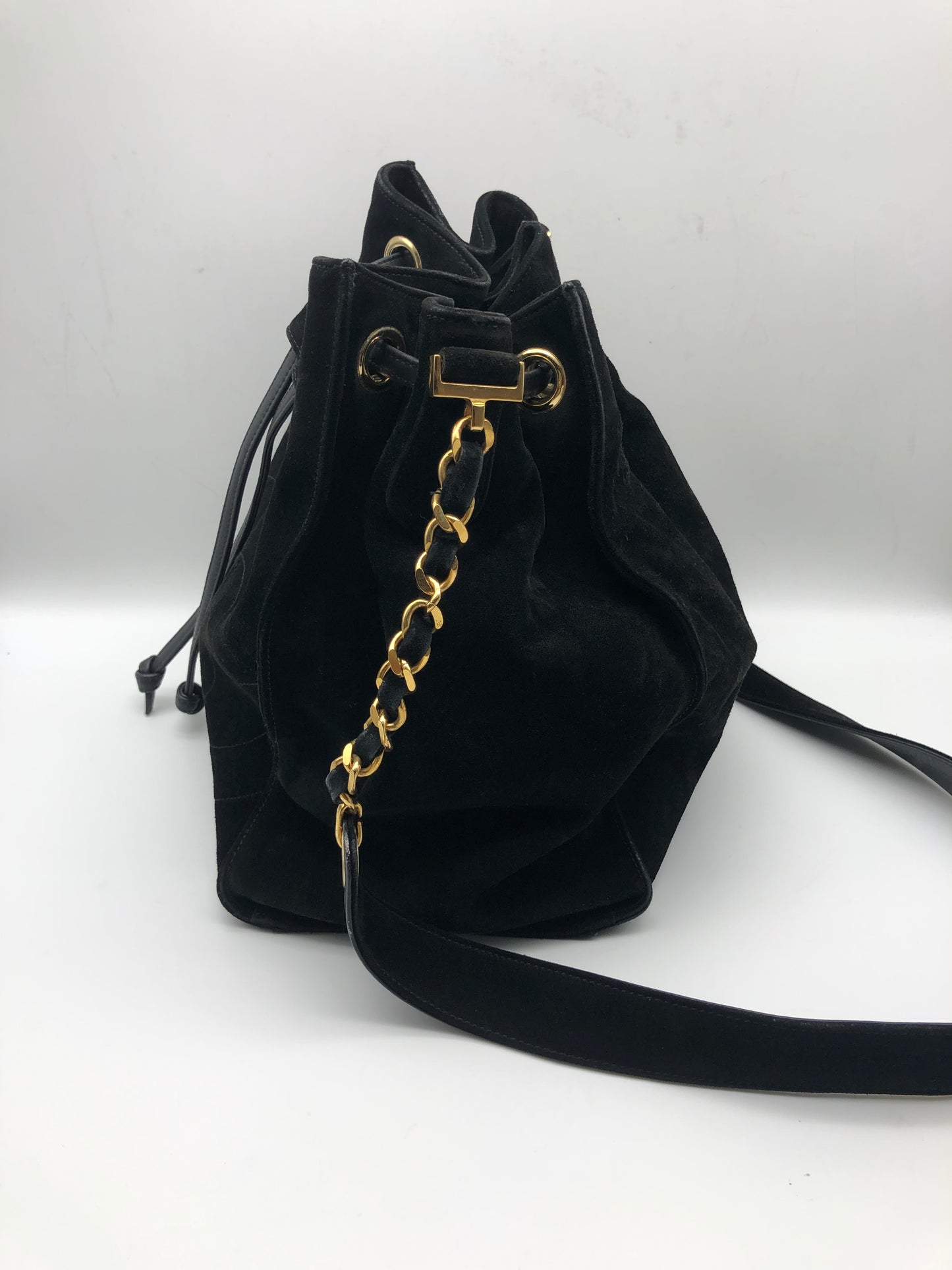 Authentic Chanel Vintage Black Suede Quilted CC Drawstring Bucket Shoulder Bag