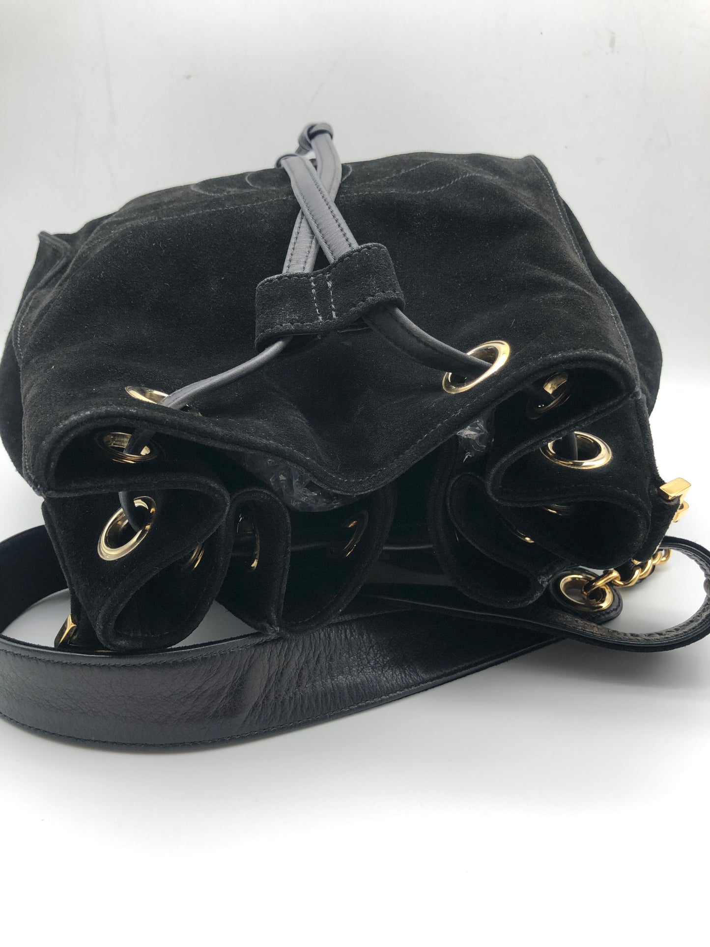 Authentic Chanel Vintage Black Suede Quilted CC Drawstring Bucket Shoulder Bag