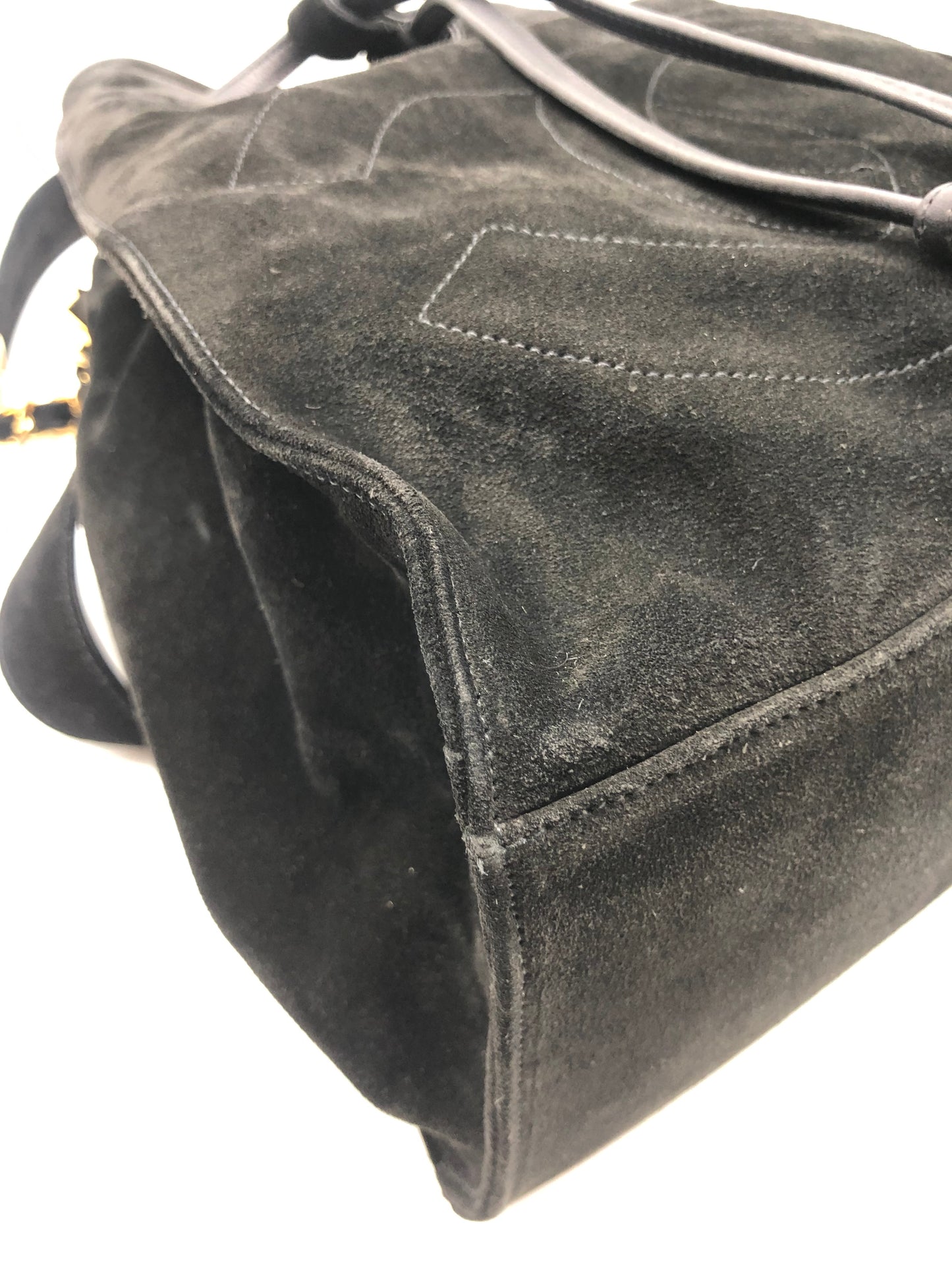 Authentic Chanel Vintage Black Suede Quilted CC Drawstring Bucket Shoulder Bag