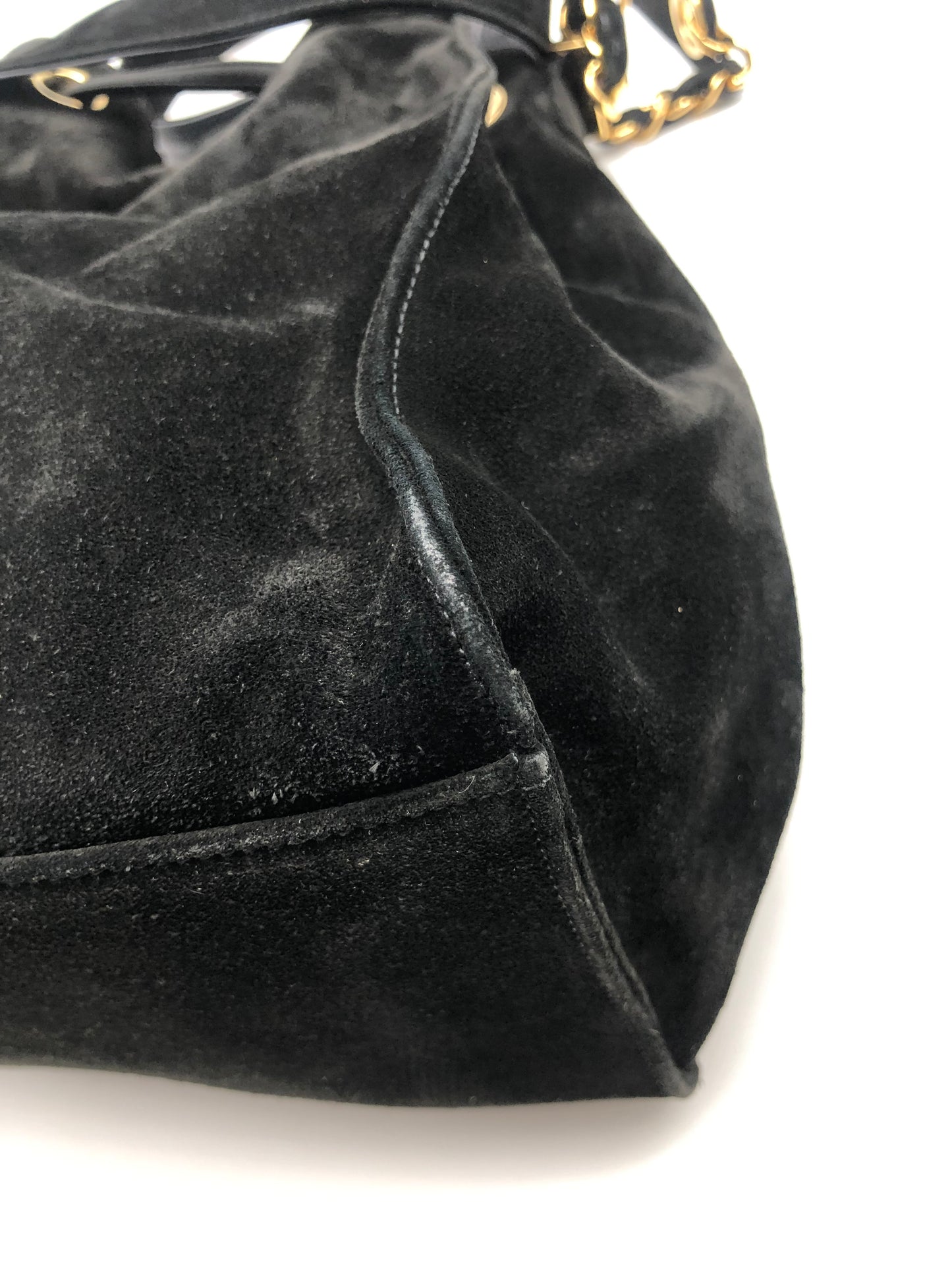 Authentic Chanel Vintage Black Suede Quilted CC Drawstring Bucket Shoulder Bag