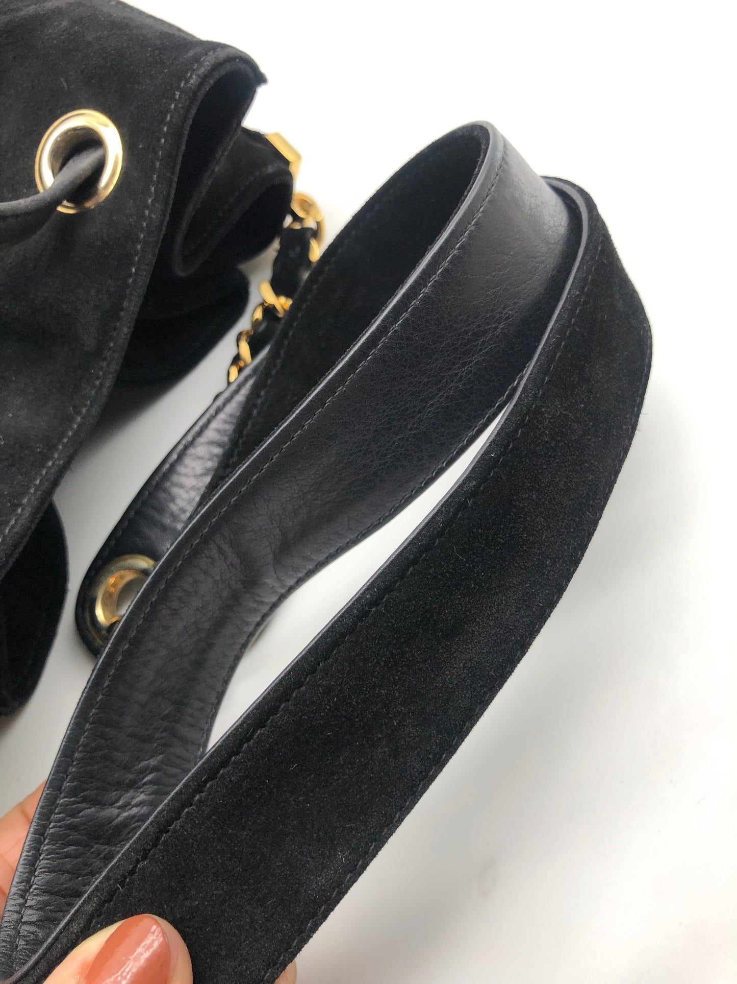 Authentic Chanel Vintage Black Suede Quilted CC Drawstring Bucket Shoulder Bag