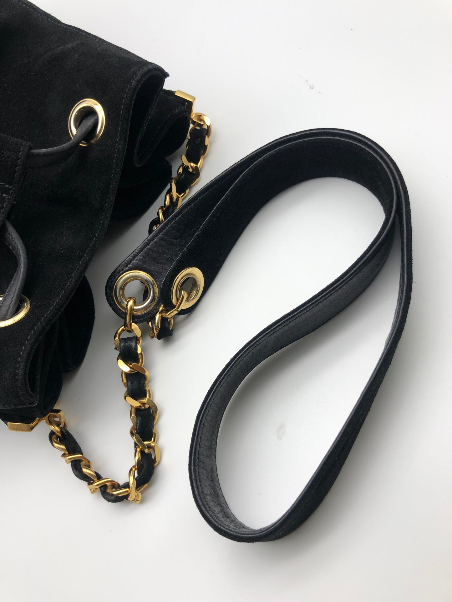 Authentic Chanel Vintage Black Suede Quilted CC Drawstring Bucket Shoulder Bag
