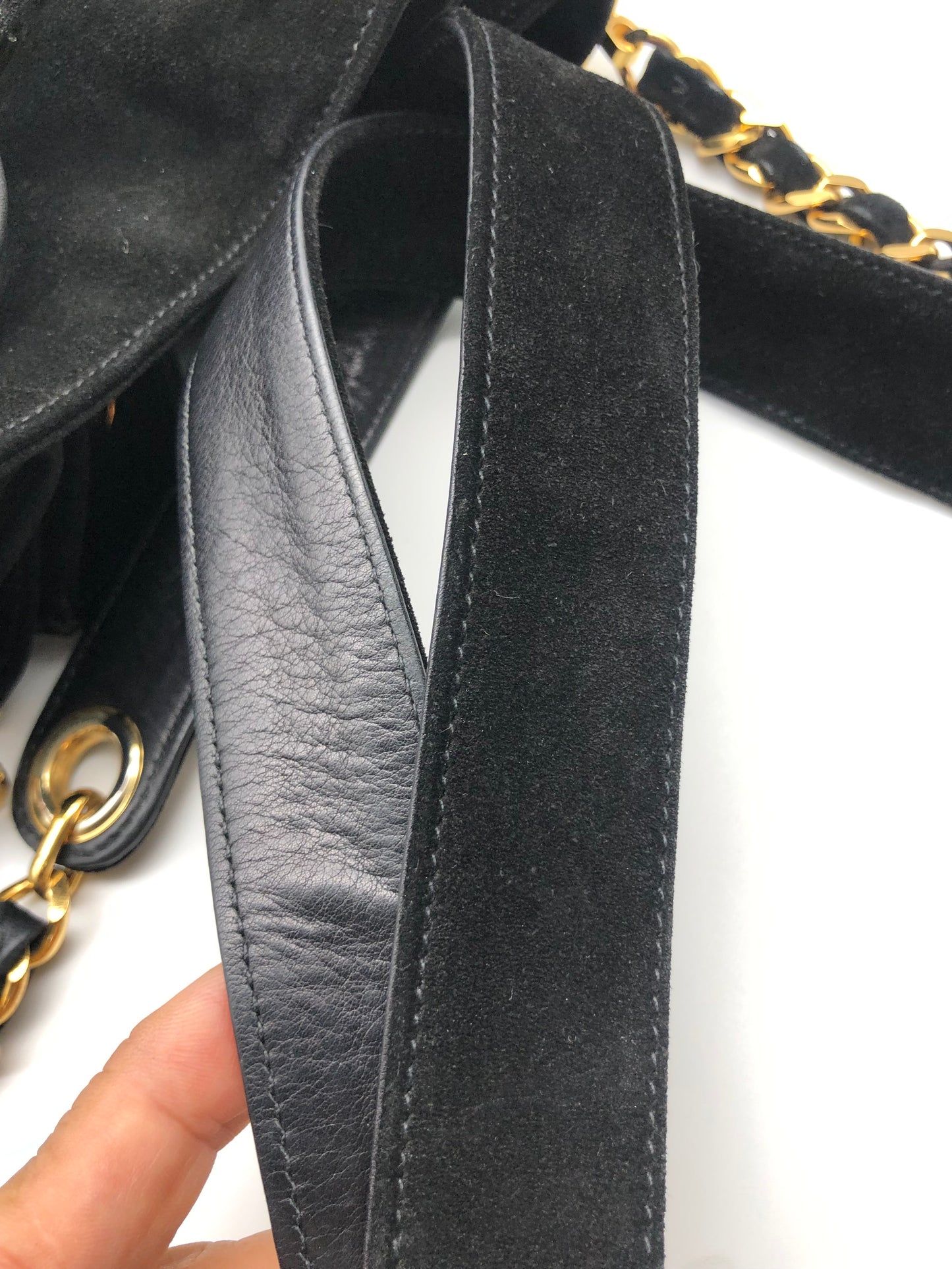 Authentic Chanel Vintage Black Suede Quilted CC Drawstring Bucket Shoulder Bag