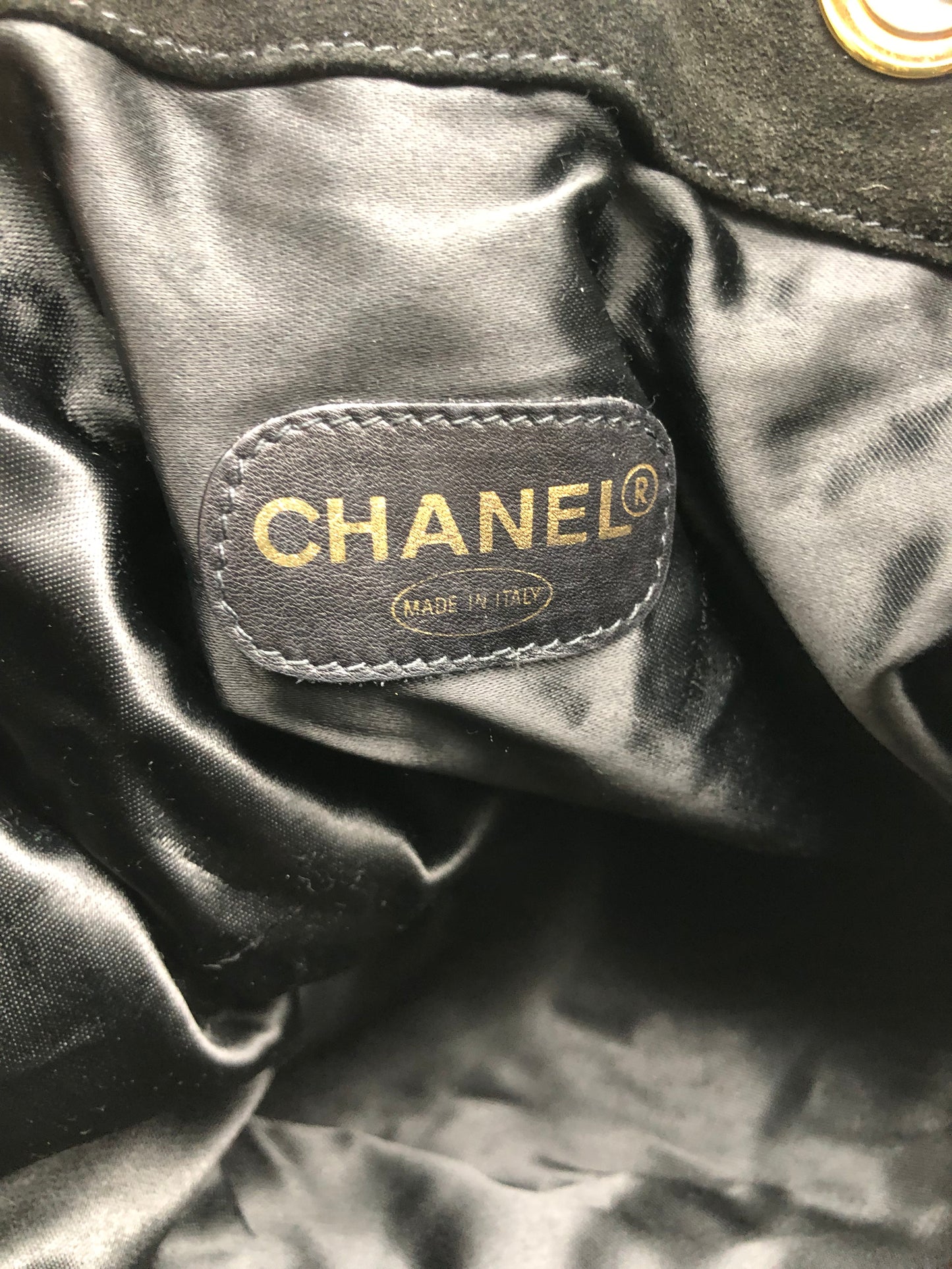 Authentic Chanel Vintage Black Suede Quilted CC Drawstring Bucket Shoulder Bag