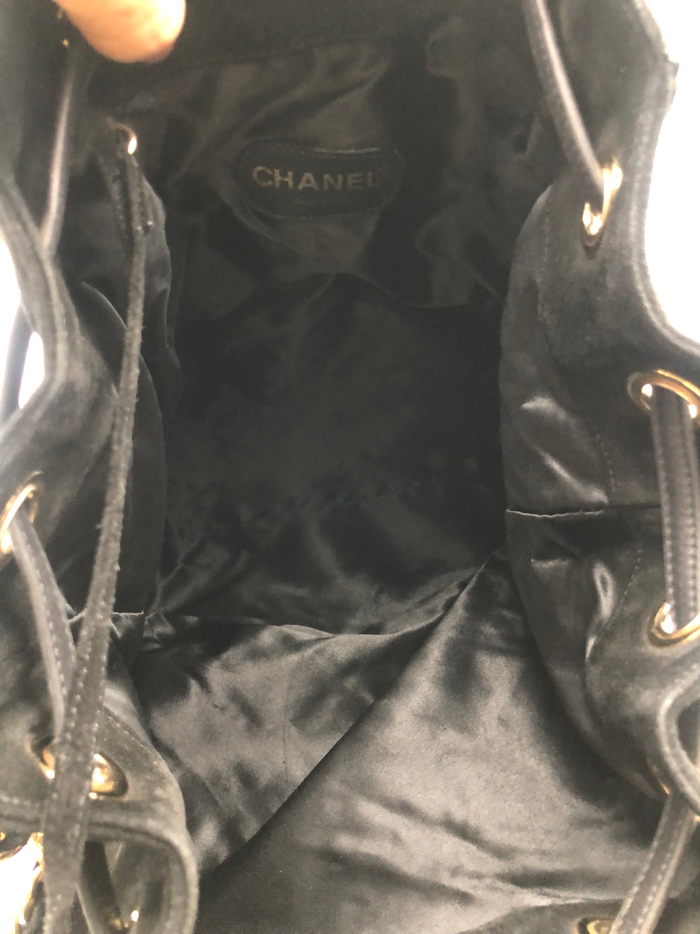 Authentic Chanel Vintage Black Suede Quilted CC Drawstring Bucket Shoulder Bag