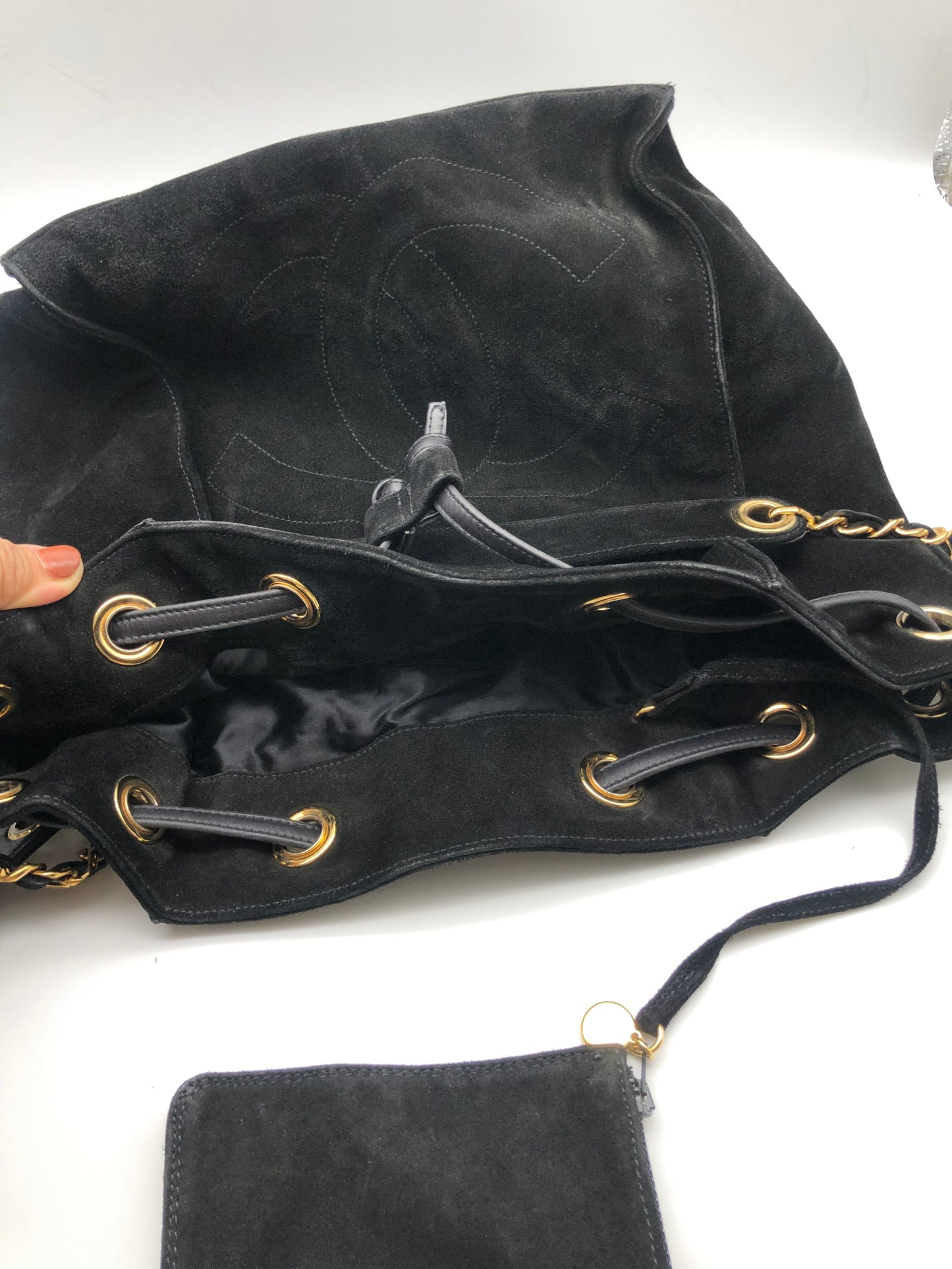 Authentic Chanel Vintage Black Suede Quilted CC Drawstring Bucket Shoulder Bag