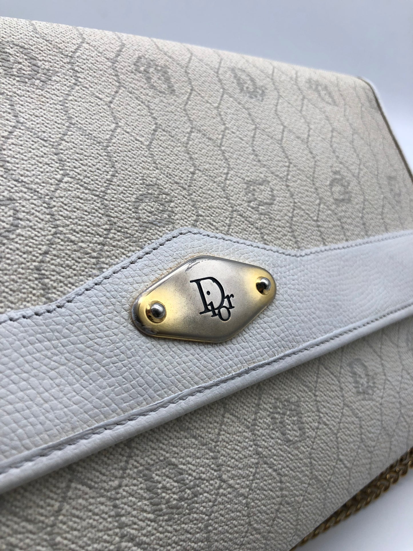 Authentic Christian Dior Vintage White Honeycomb Coated Canvas Clutch Shoulder Bag