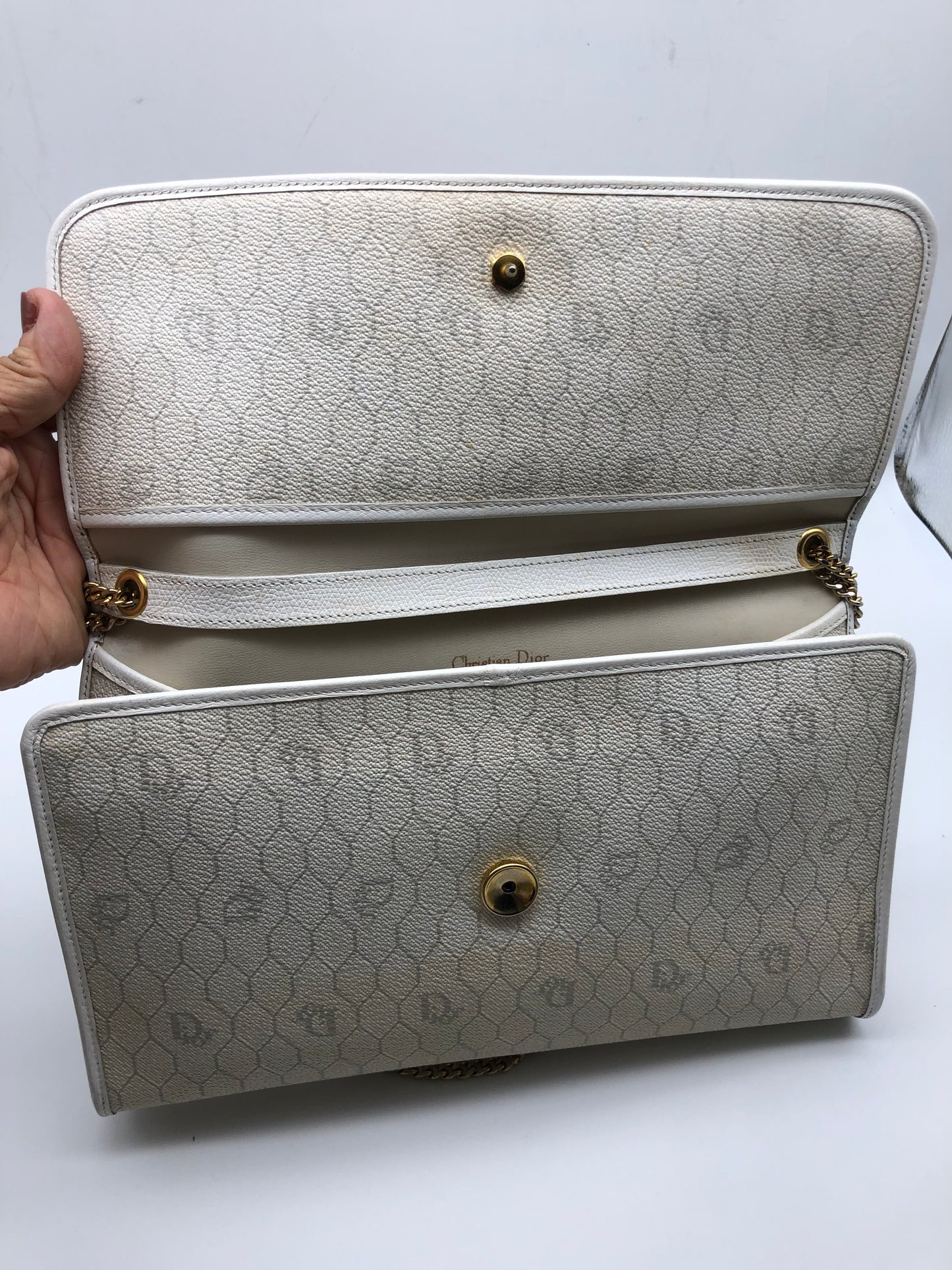 Authentic Christian Dior Vintage White Honeycomb Coated Canvas Clutch Shoulder Bag