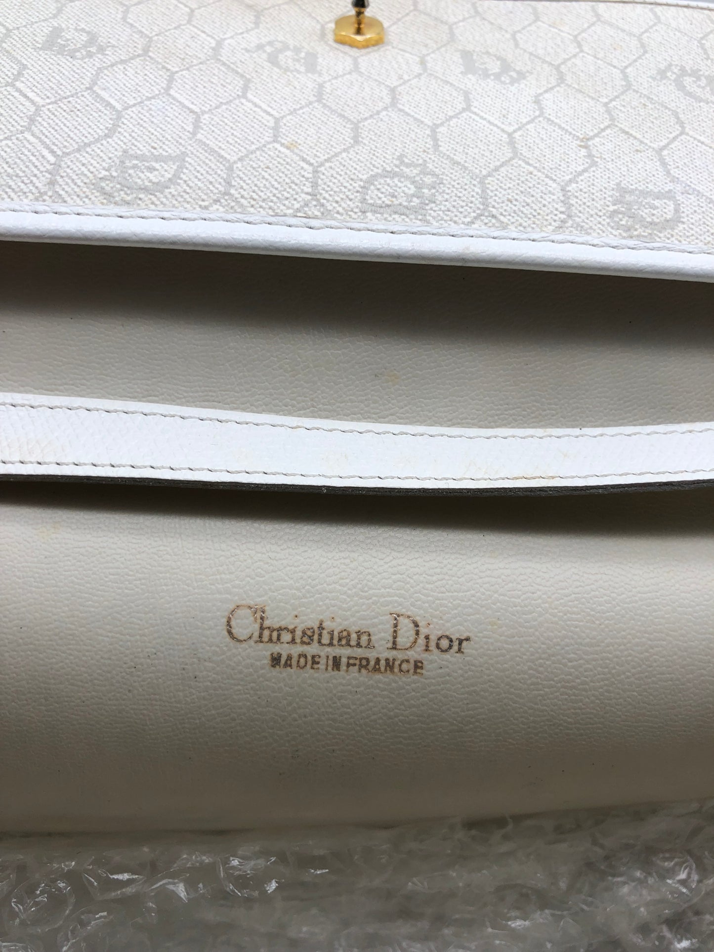 Authentic Christian Dior Vintage White Honeycomb Coated Canvas Clutch Shoulder Bag