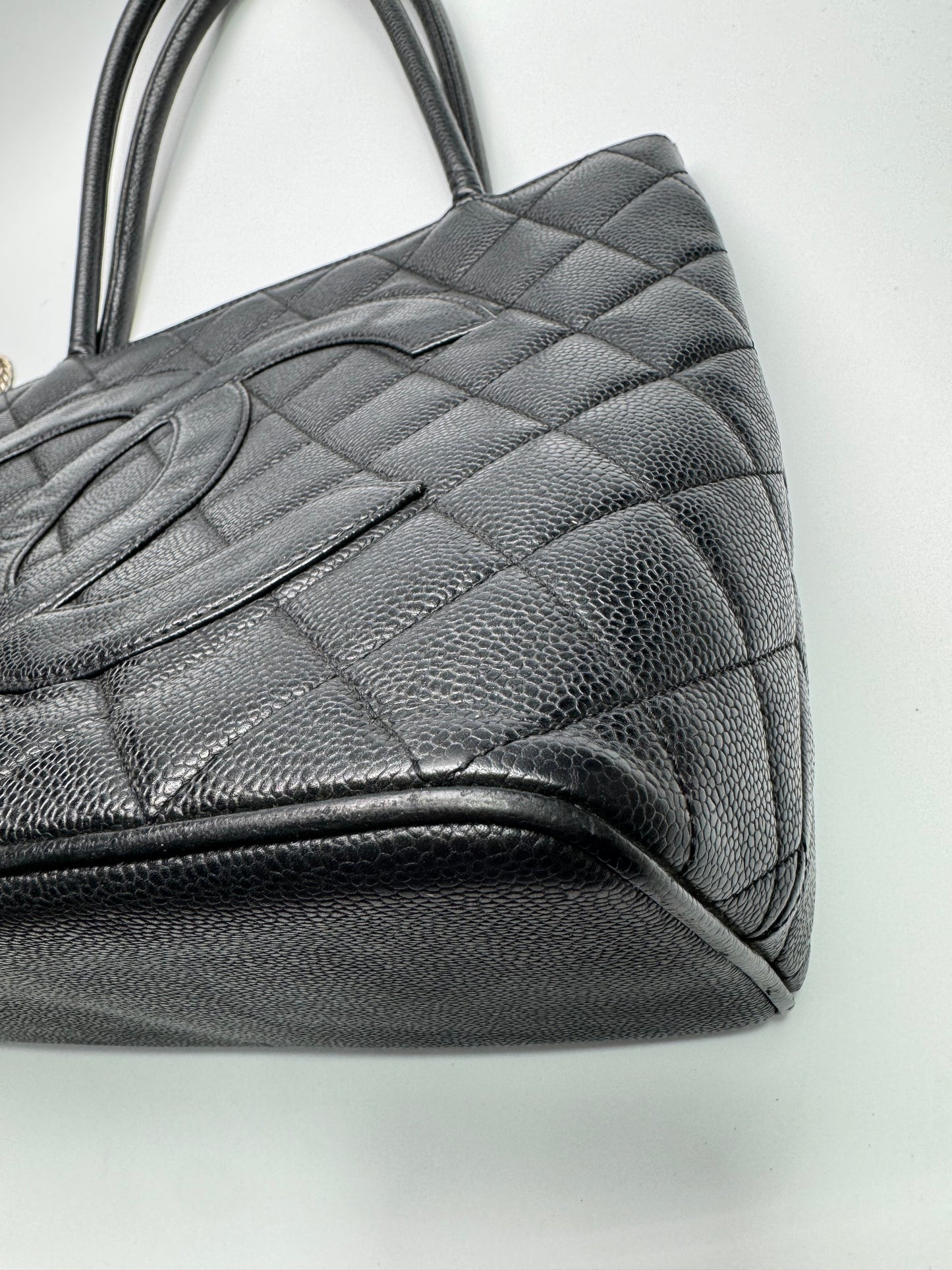 Authentic Chanel Black Matt Caviar Medallion Tote
