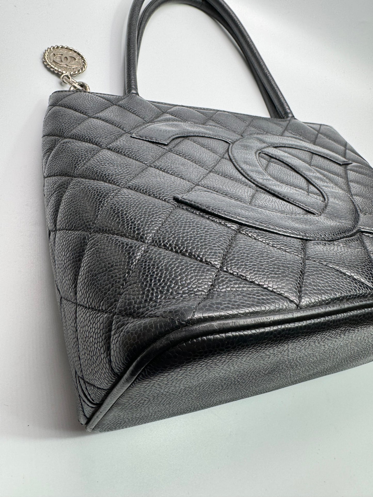 Authentic Chanel Black Matt Caviar Medallion Tote