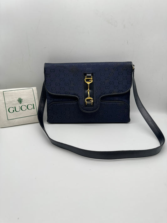 Authentic GUCCI Vintage Horsebit Navy Blue Monogram Jacquard Cloth Shoulder Bag