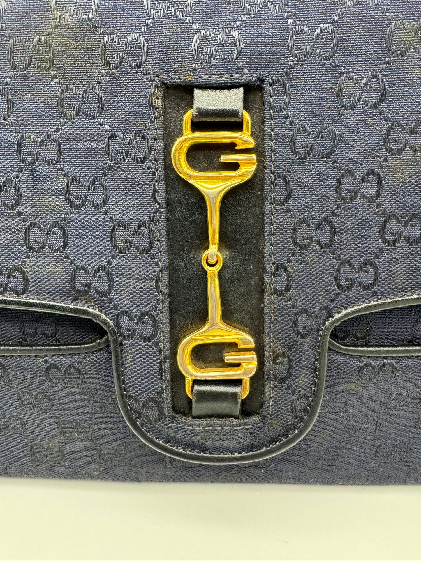 Authentic GUCCI Vintage Horsebit Navy Blue Monogram Jacquard Cloth Shoulder Bag